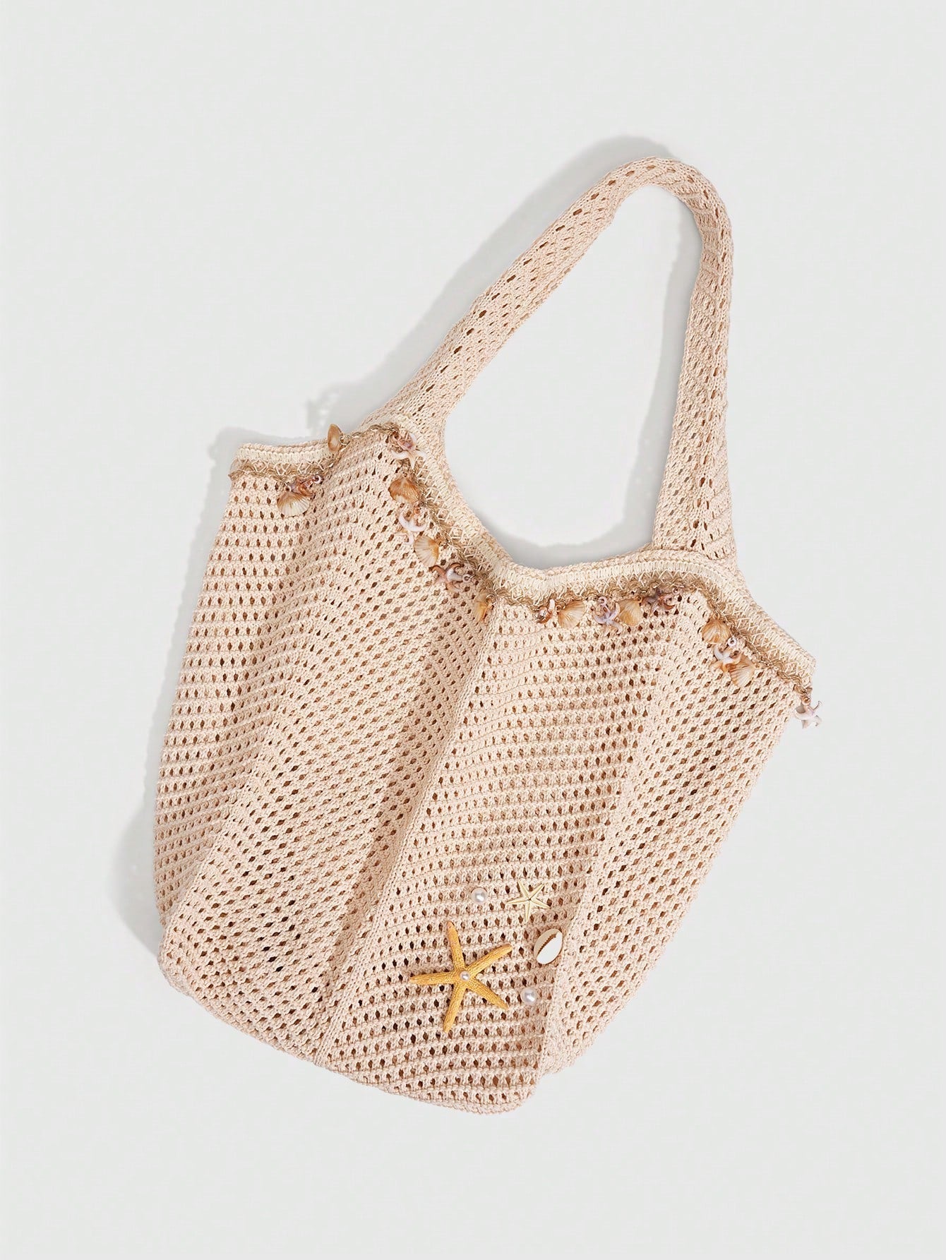ROMWE Fairycore 1 Pc Tropical Ocean Beach Vacation Style Woven Hollow Beige Women's Shoulder Crossbody Handbag, Large Capacity Travel Vacation Bag