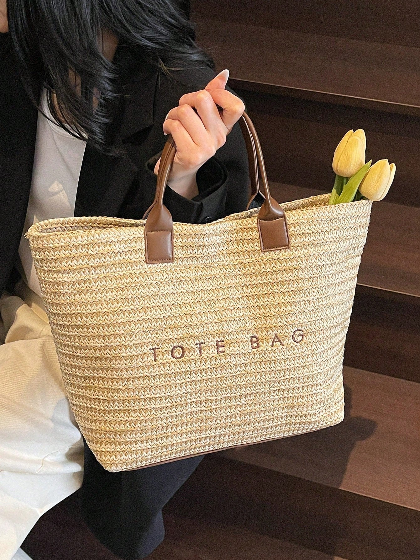 New Large Capacity Letter Decor Woven Straw Tote Bag, Multi-Functional Commute Casual Vacation Woven Straw Handbag Suitable For Commuting, Shopping, Beach Vacation, Office, Holidays