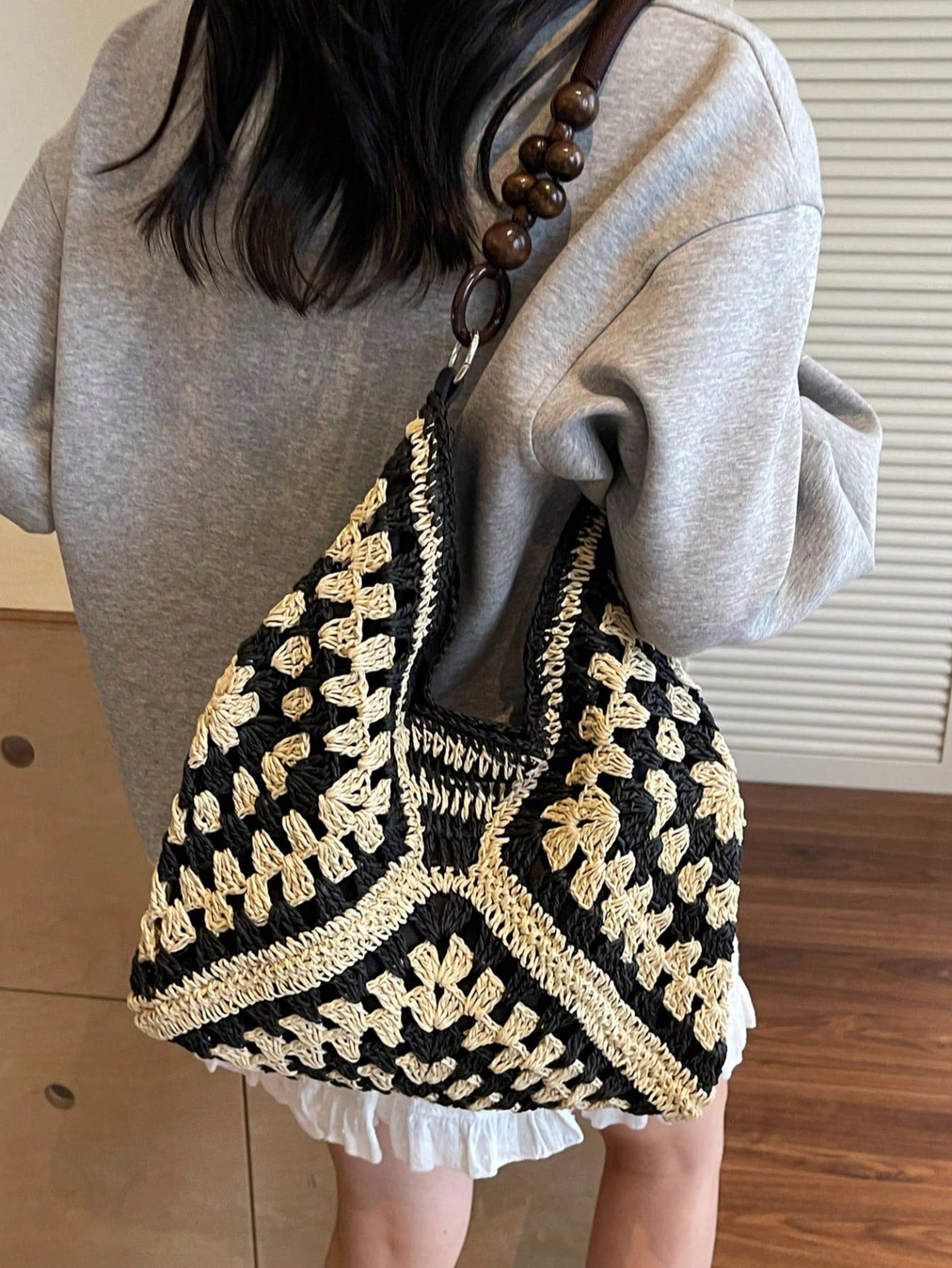 Handmade Crochet Hollow Straw Bag, Patchwork Large Capacity Shoulder Bag, Bohemian Contrast Color Straw Bag, Casual Versatile Women Bag, Slouchy Woven Bag, Summer Beach Vacation Straw Bag, Commute & Travel Dual-Use Women Bag, Can Fit , Gift For Women