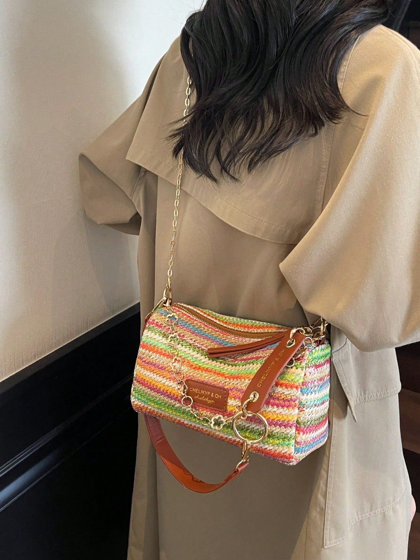 New Spring/Summer Contrast Striped Woven Straw Shoulder Bag, Fashion Letter Decor Women's