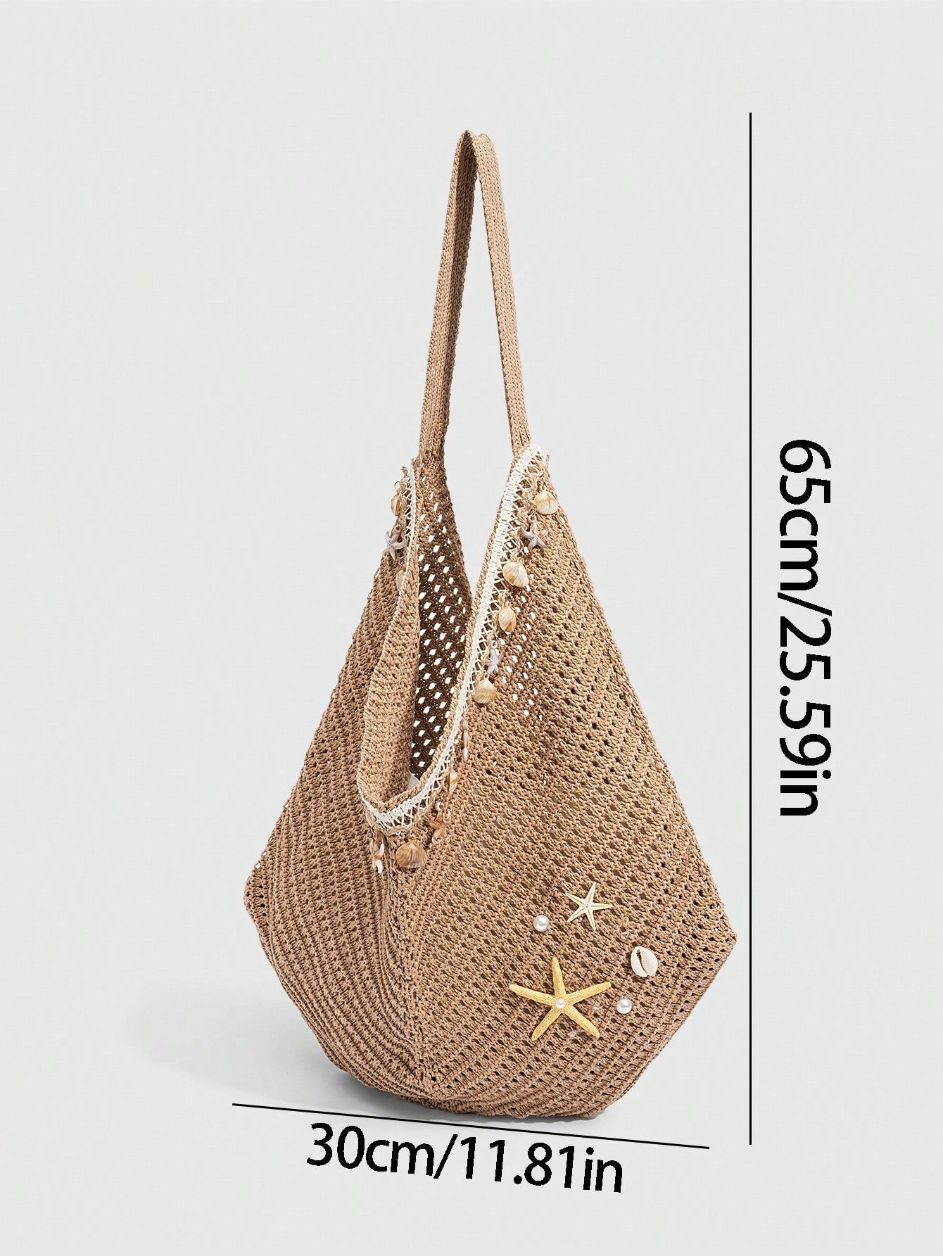 ROMWE Fairycore 1 Pc Tropical Ocean Beach Vacation Style Woven Hollow Beige Women's Shoulder Crossbody Handbag, Large Capacity Travel Vacation Bag