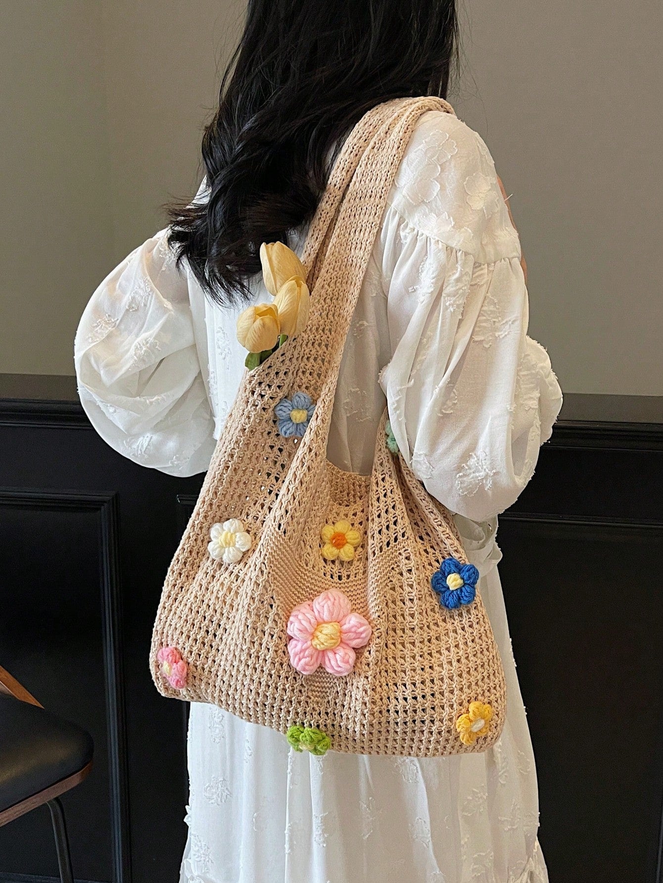 Summer New Casual Straw Tote Bag, Women Large Capacity Shoulder Shopping Handbag , Summer , Beach