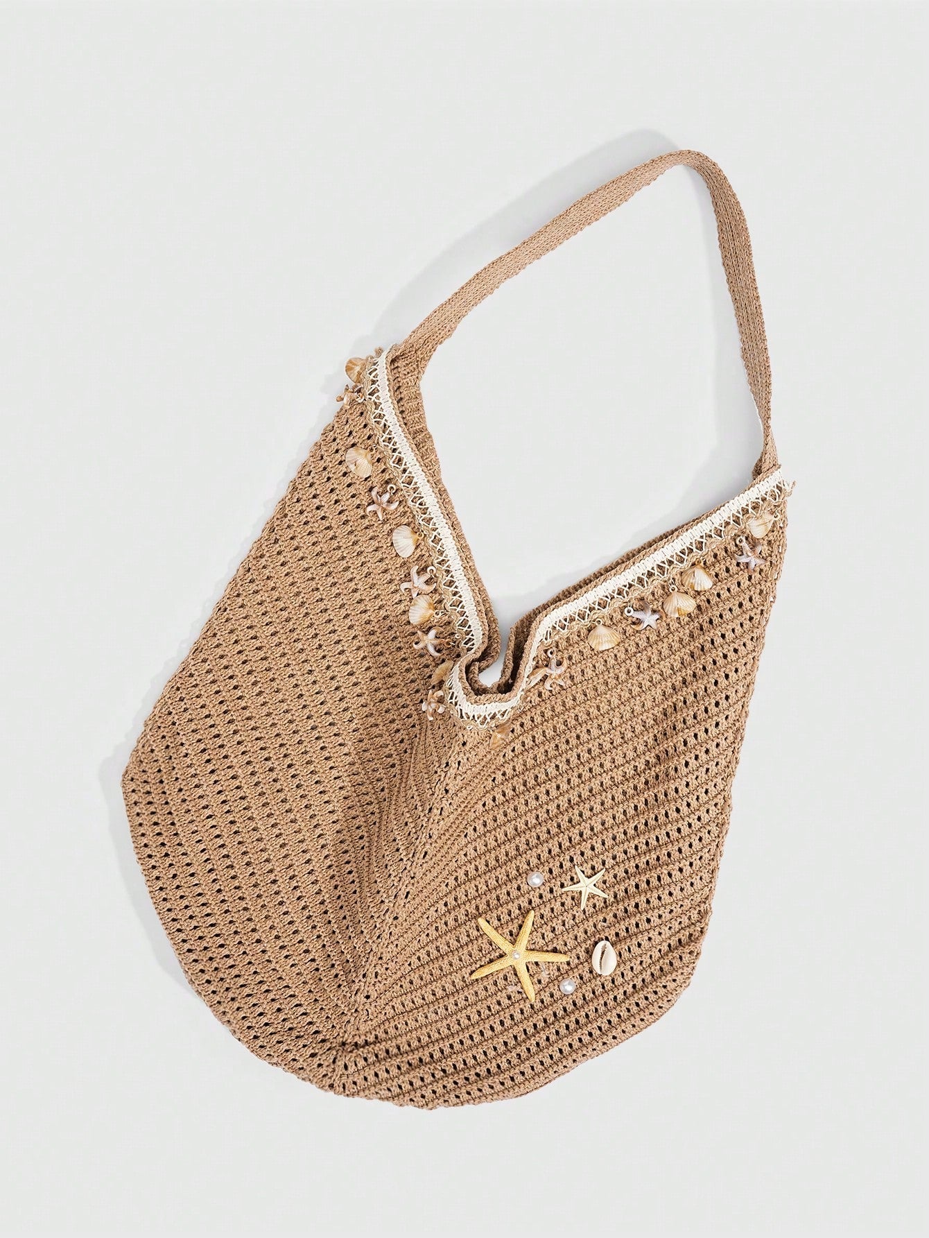 ROMWE Fairycore 1 Pc Tropical Ocean Beach Vacation Style Woven Hollow Beige Women's Shoulder Crossbody Handbag, Large Capacity Travel Vacation Bag