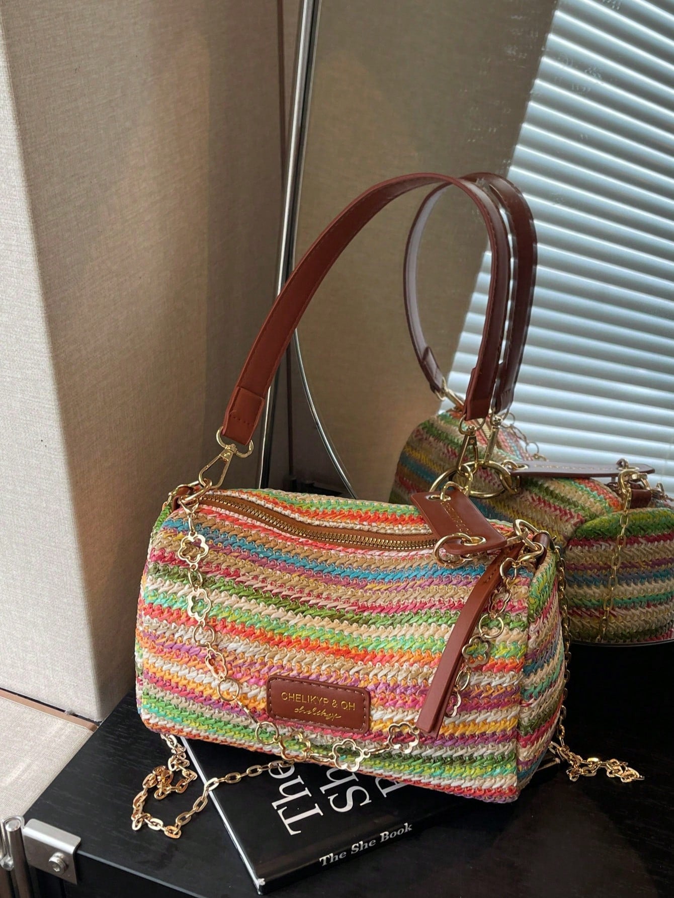 New Spring/Summer Contrast Striped Woven Straw Shoulder Bag, Fashion Letter Decor Women's