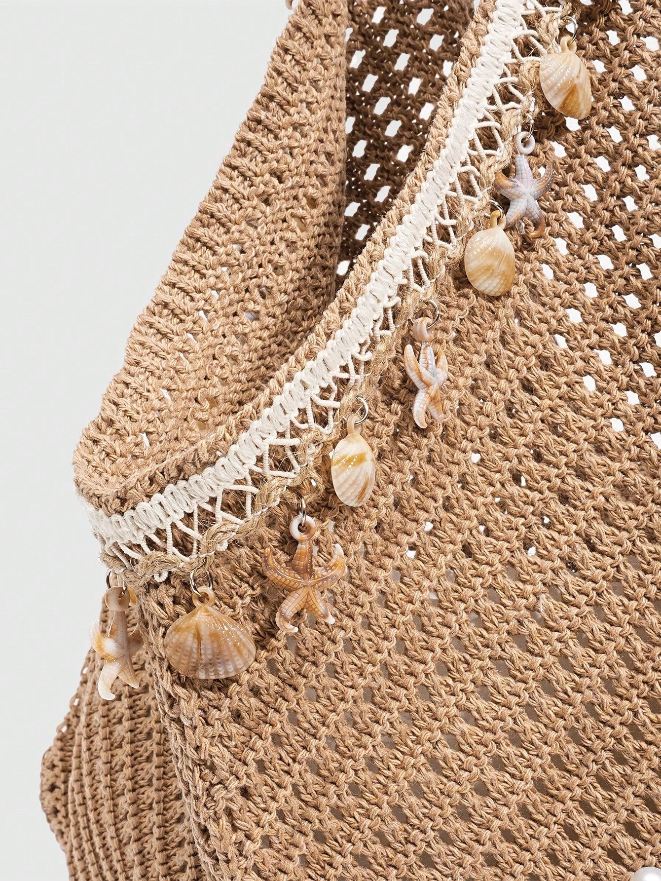 ROMWE Fairycore 1 Pc Tropical Ocean Beach Vacation Style Woven Hollow Beige Women's Shoulder Crossbody Handbag, Large Capacity Travel Vacation Bag