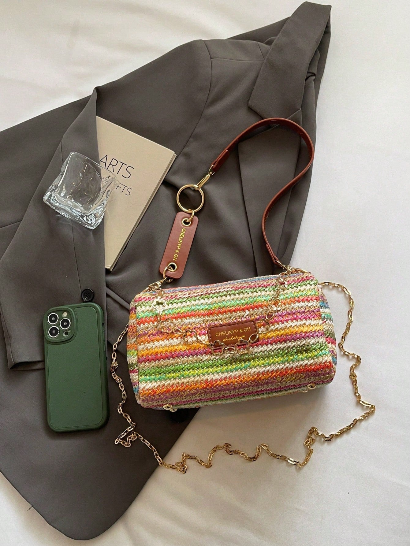 New Spring/Summer Contrast Striped Woven Straw Shoulder Bag, Fashion Letter Decor Women's