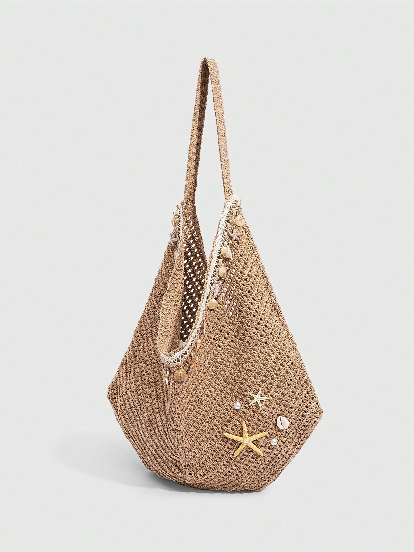ROMWE Fairycore 1 Pc Tropical Ocean Beach Vacation Style Woven Hollow Beige Women's Shoulder Crossbody Handbag, Large Capacity Travel Vacation Bag