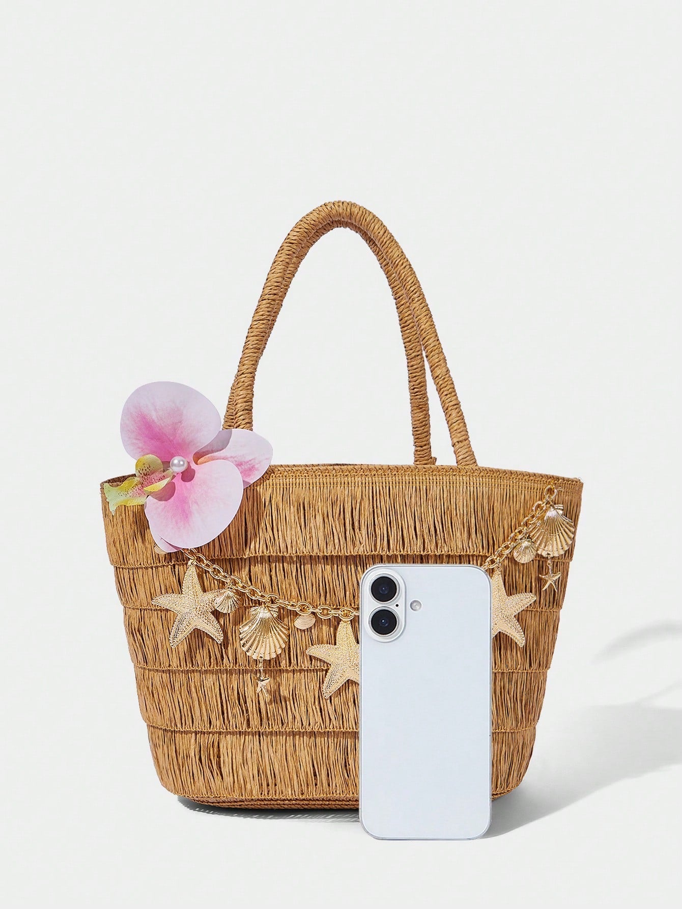 OMWE Fairycore 1pc Handmade Woven Tote Bag With Artificial Orchid, Lily Decor,