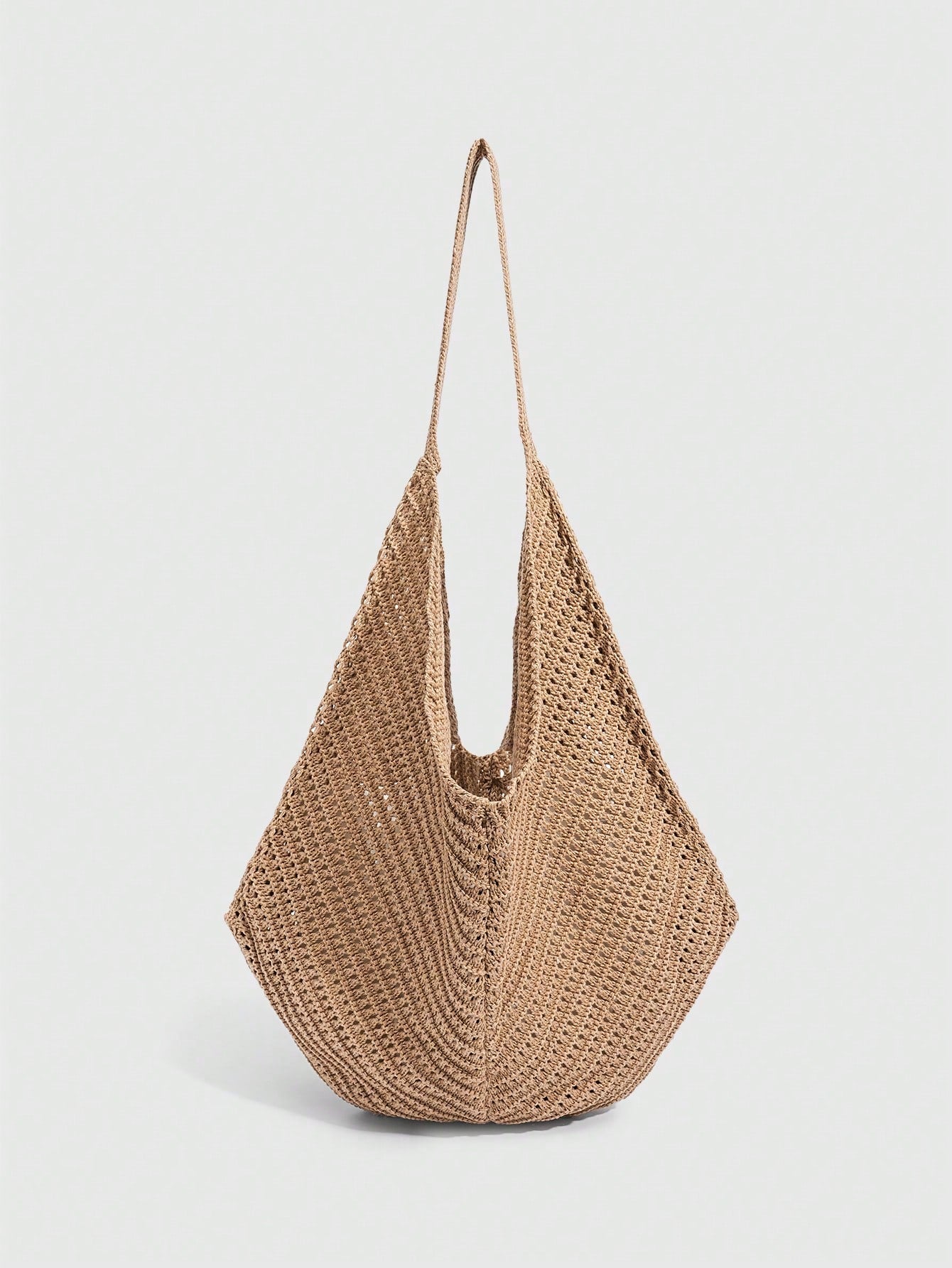 ROMWE Fairycore 1 Pc Tropical Ocean Beach Vacation Style Woven Hollow Beige Women's Shoulder Crossbody Handbag, Large Capacity Travel Vacation Bag