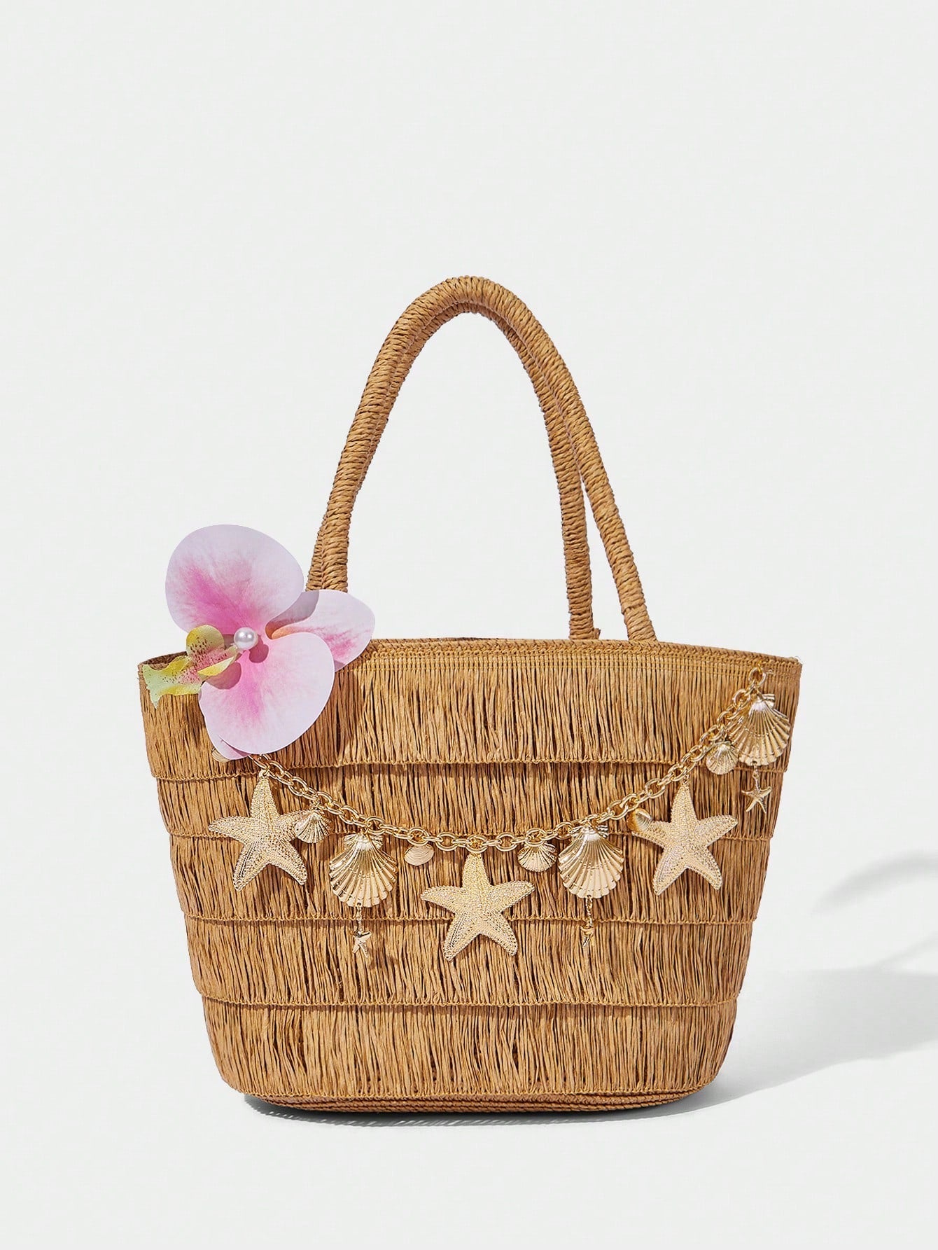 OMWE Fairycore 1pc Handmade Woven Tote Bag With Artificial Orchid, Lily Decor,