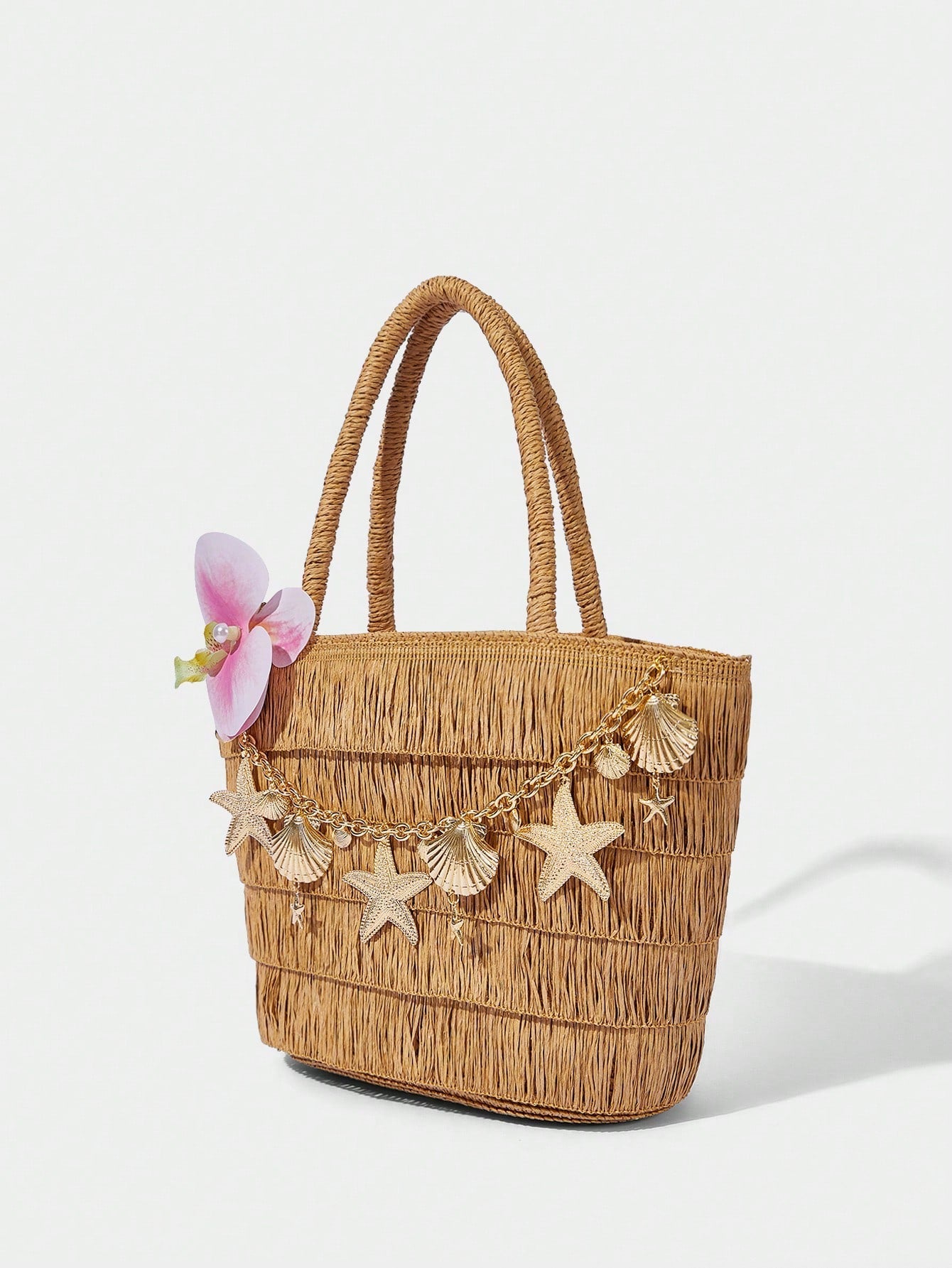 OMWE Fairycore 1pc Handmade Woven Tote Bag With Artificial Orchid, Lily Decor,