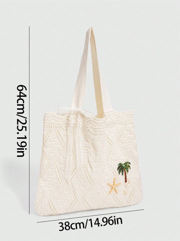 ROMWE Fairycore 1 Pc Tropical Ocean Beach Vacation Style Woven Hollow Beige Women's Shoulder Crossbody Handbag, Large Capacity Travel Vacation Bag