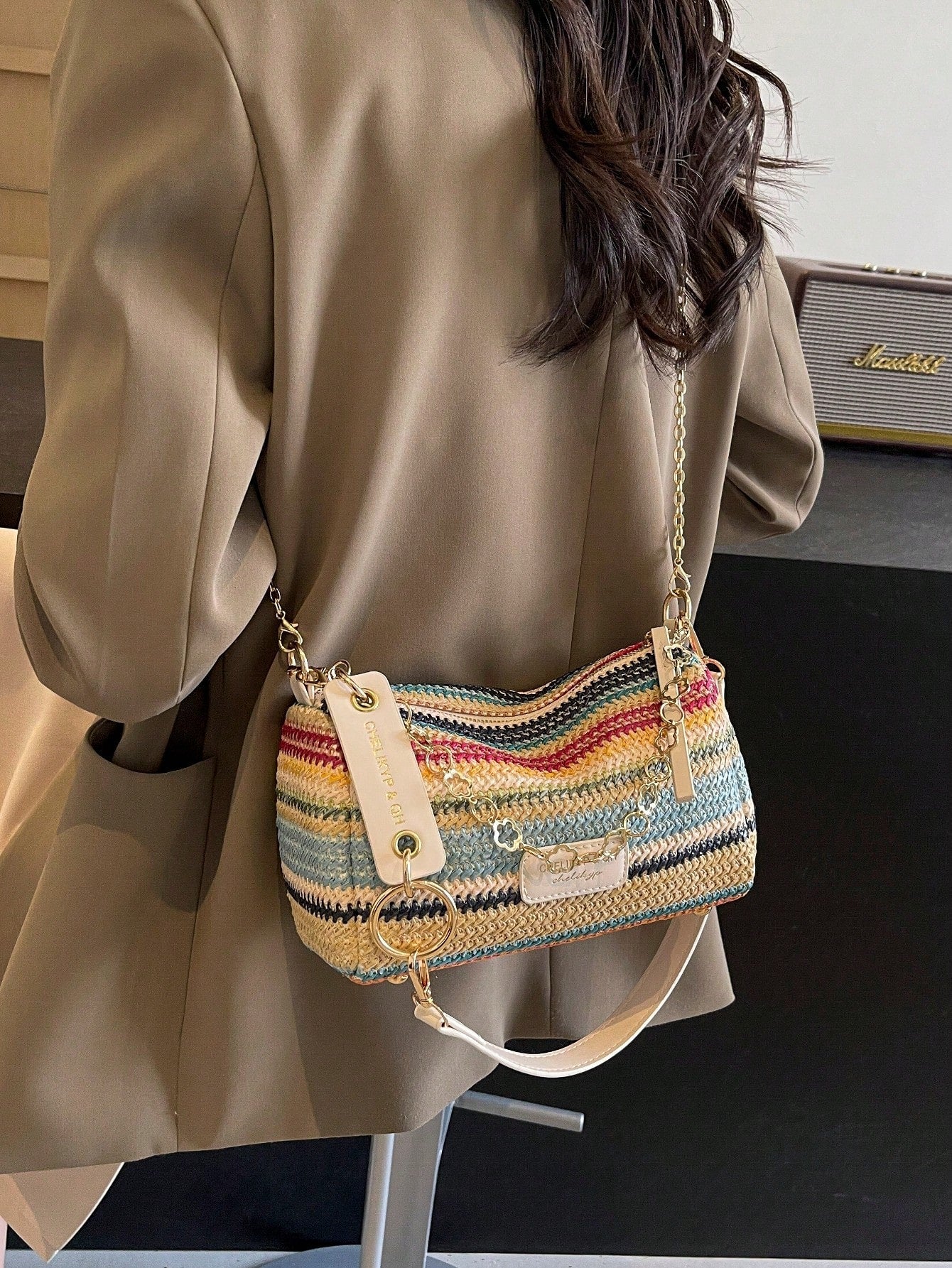 New Spring/Summer Contrast Striped Woven Straw Shoulder Bag, Fashion Letter Decor Women's