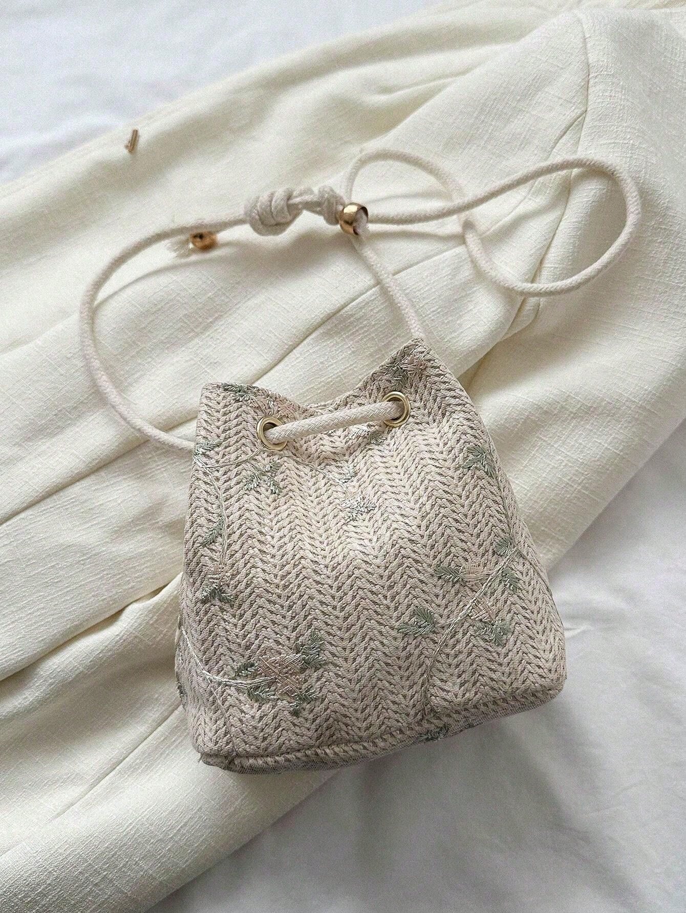 Tropiscape Mini Floral Embroidered Drawstring Detail Vacation, Straw Purse