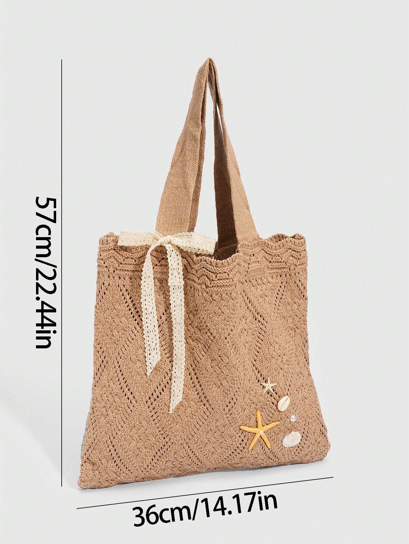 ROMWE Fairycore 1 Pc Tropical Ocean Beach Vacation Style Woven Hollow Beige Women's Shoulder Crossbody Handbag, Large Capacity Travel Vacation Bag