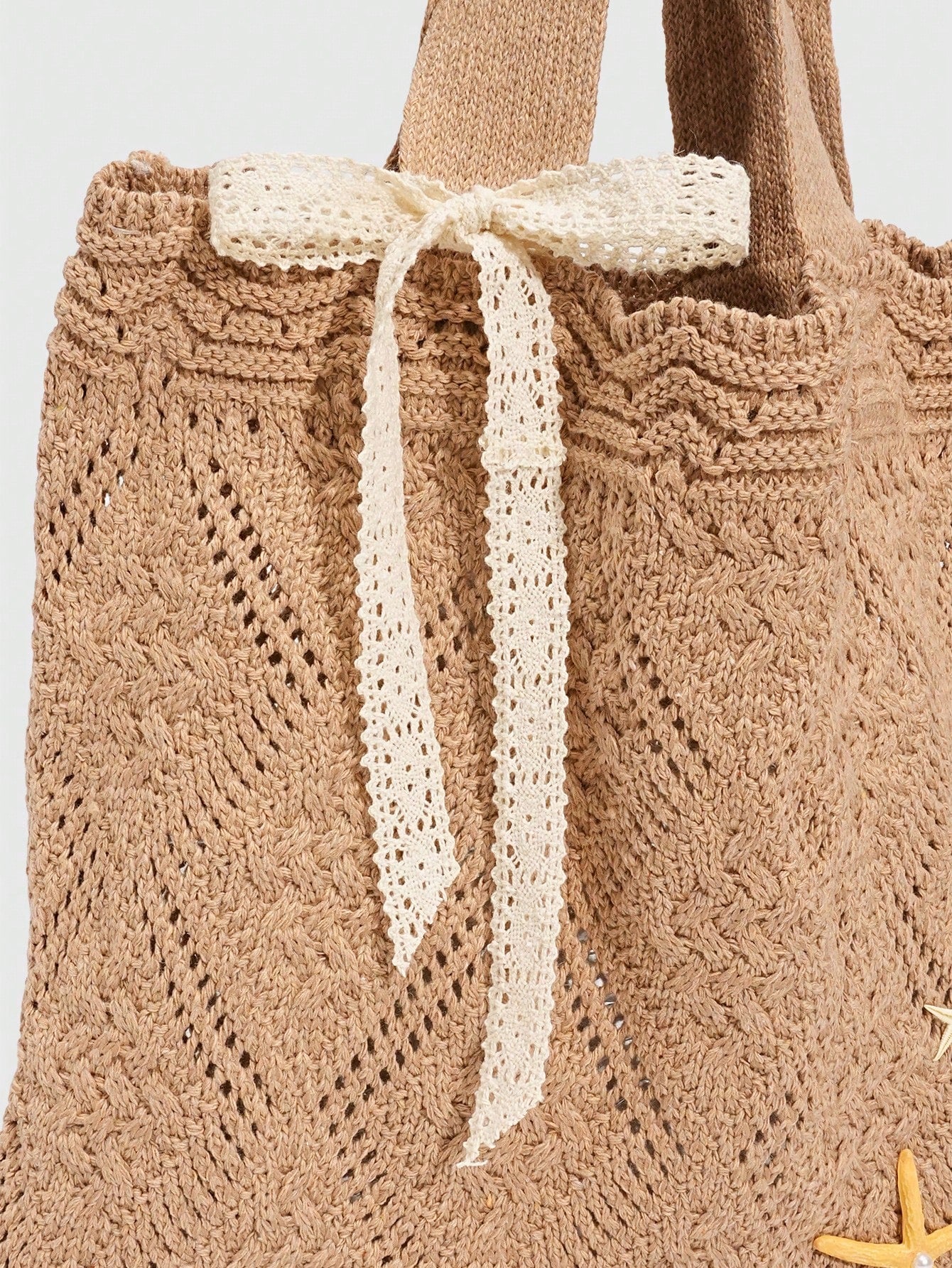 ROMWE Fairycore 1 Pc Tropical Ocean Beach Vacation Style Woven Hollow Beige Women's Shoulder Crossbody Handbag, Large Capacity Travel Vacation Bag