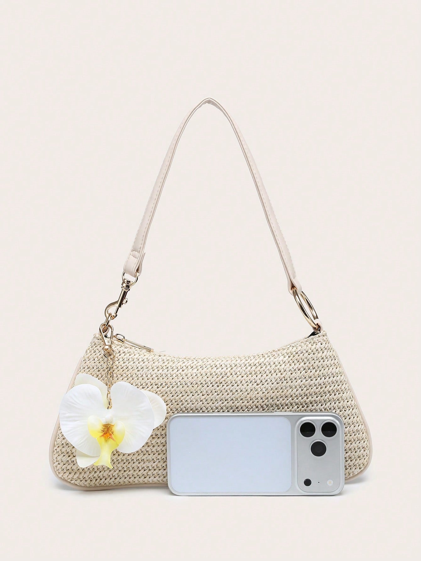 Women's Underarm Shoulder Bag, Square Bag, PU Rope Flower Pendant, Large Capacity, Lightweight, Casual Fashionable Beach Vacation Style, Suitable For Shopping And Vacation , Beach Bag, Holiday, Straw Bag