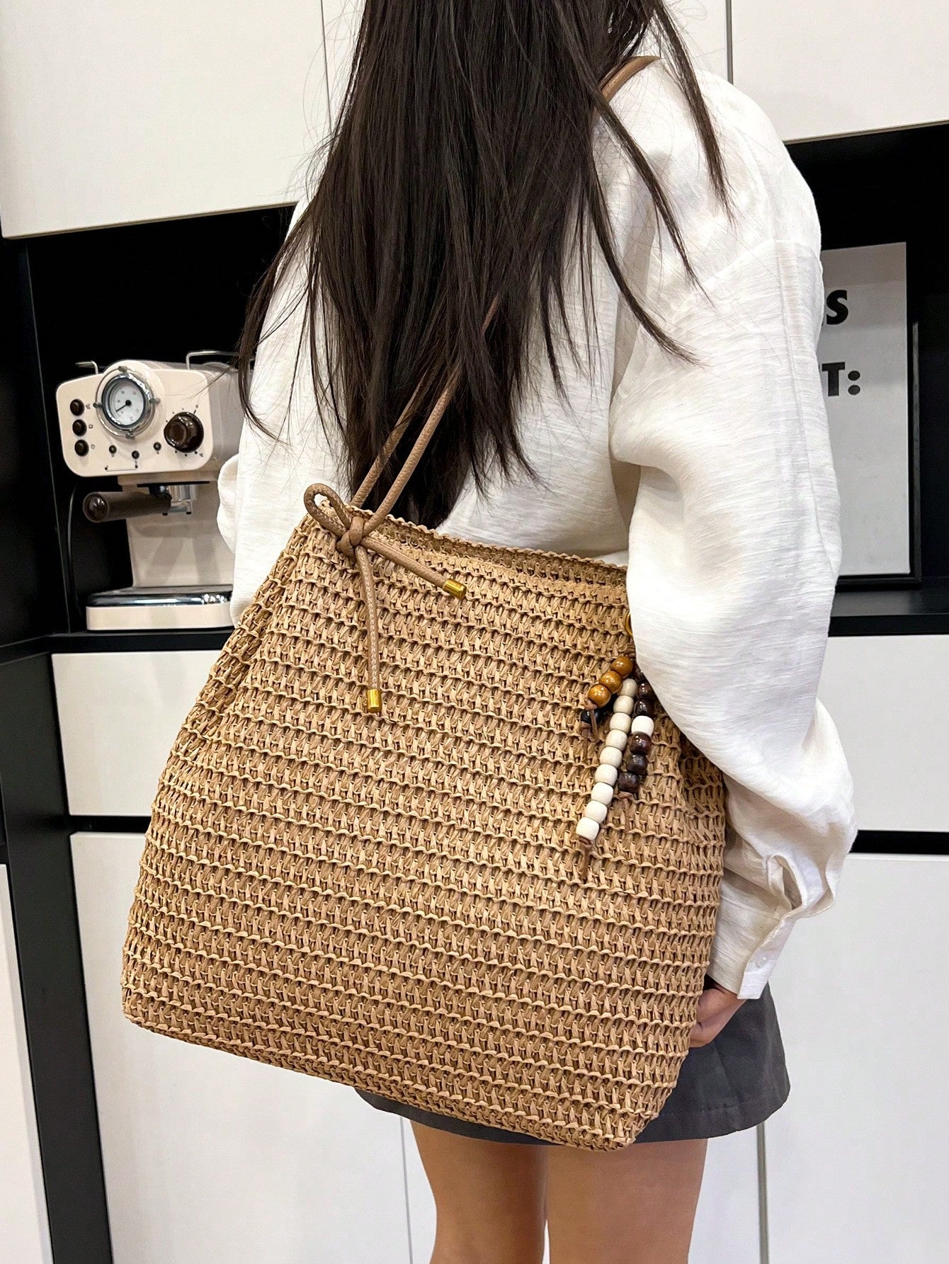 Handwoven Casual Backpack With Pendant, Solid Color Straw Shoulder Strap, Large Capacity Straw Bag, Versatile Shoulder/Tote Bag, 2026 New Women Handbag