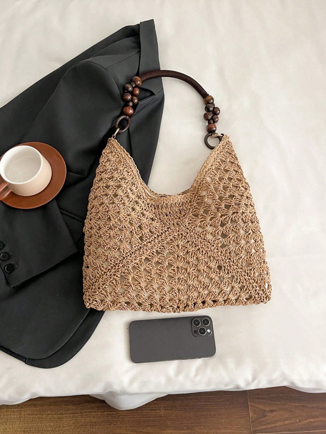 EMERY ROSE Large Capacity Portable Women's Woven Straw Shoulder Bag Medium Handbag With Handle For Beach Vacation