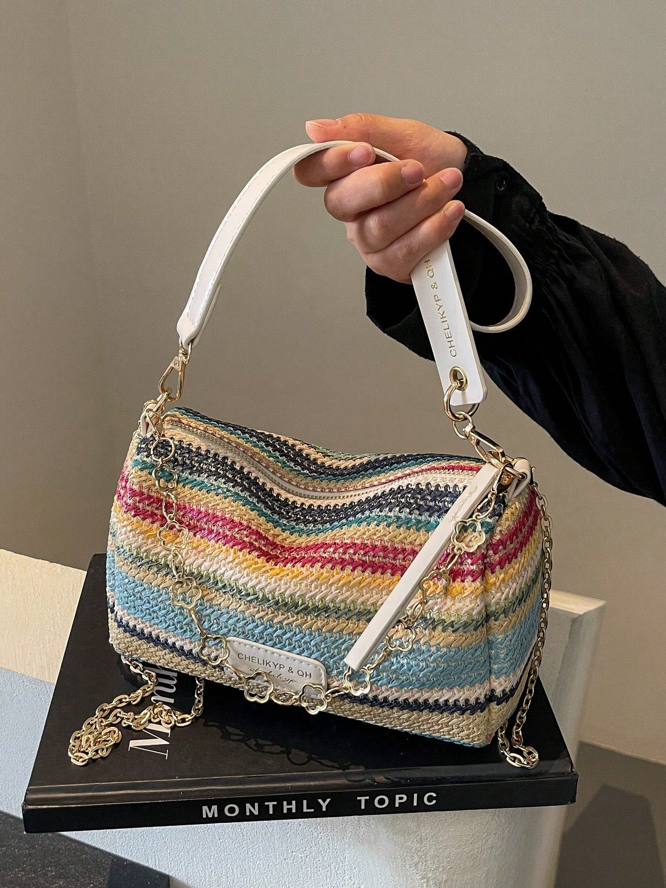 New Spring/Summer Contrast Striped Woven Straw Shoulder Bag, Fashion Letter Decor Women's