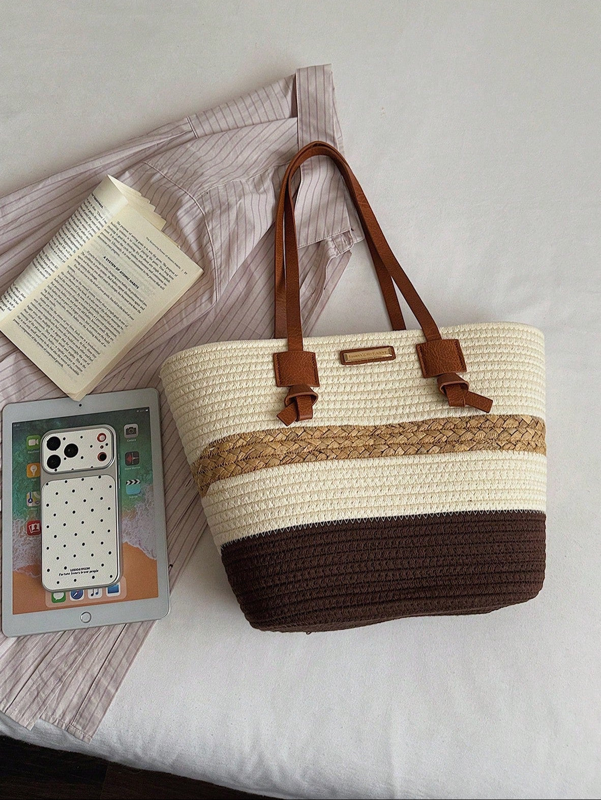 1pc Colorblock Striped Straw Tote Bag, Large Capacity Commuter Beach Shoulder Bag For Women
