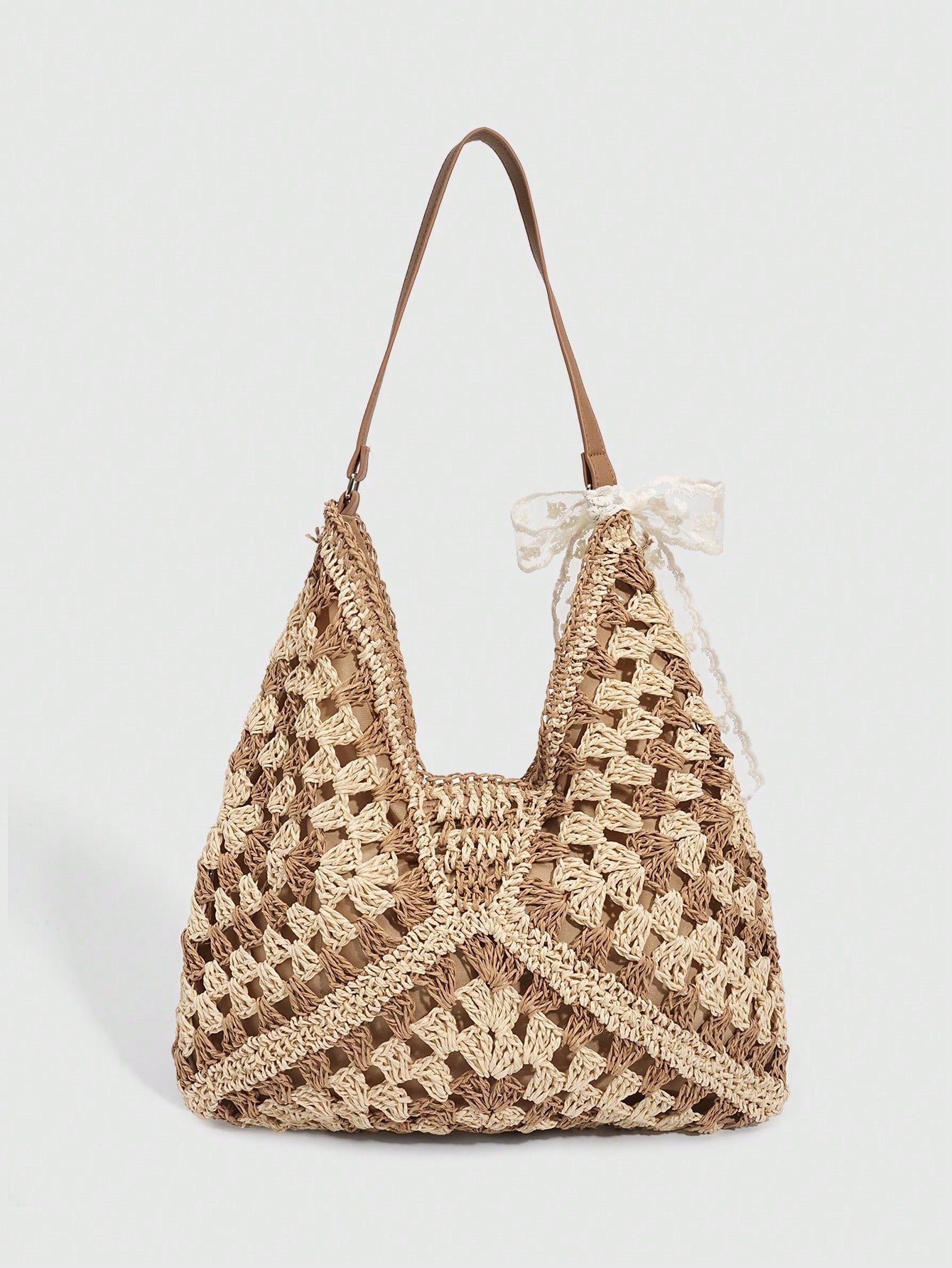 ROMWE Fairycore 1 Pc Tropical Ocean Beach Vacation Style Woven Hollow Beige Women's Shoulder Crossbody Handbag, Large Capacity Travel Vacation Bag