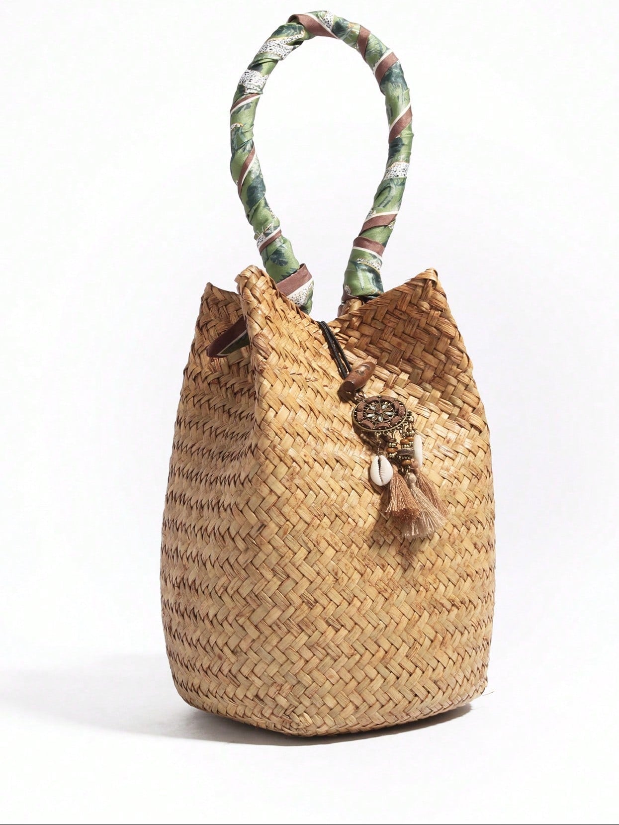 Bohemian Vacation Style Su Pure Handmade Woven Straw Woven Bucket Bag Handbag French Retro Woven Bag Versatile Daily Commuting Fashion Business Leisure Tourism Beach Wedding, Outing, Vacation, Beach (Pure Natural Straw Woven Color Has Slight Differences)