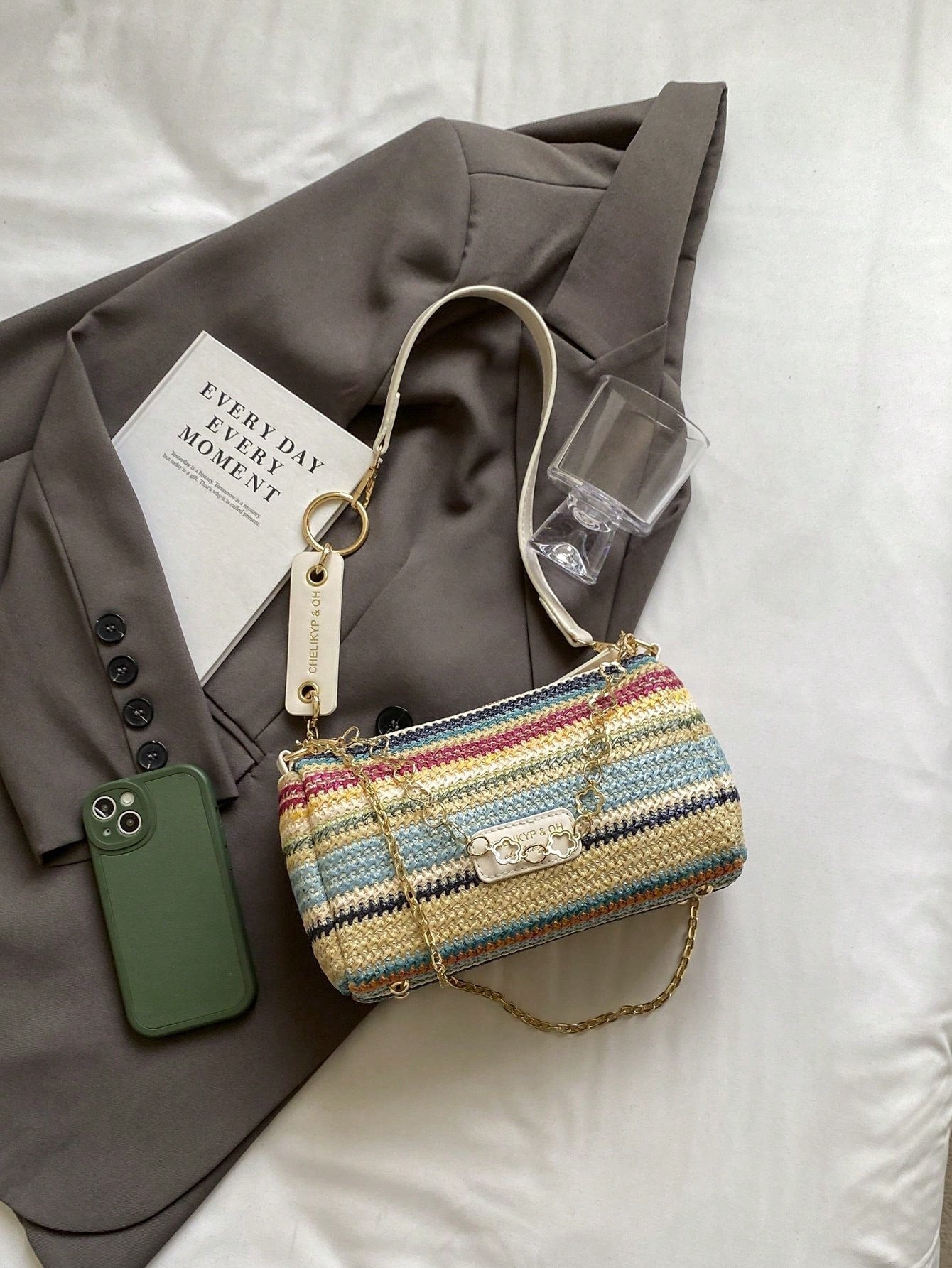 New Spring/Summer Contrast Striped Woven Straw Shoulder Bag, Fashion Letter Decor Women's