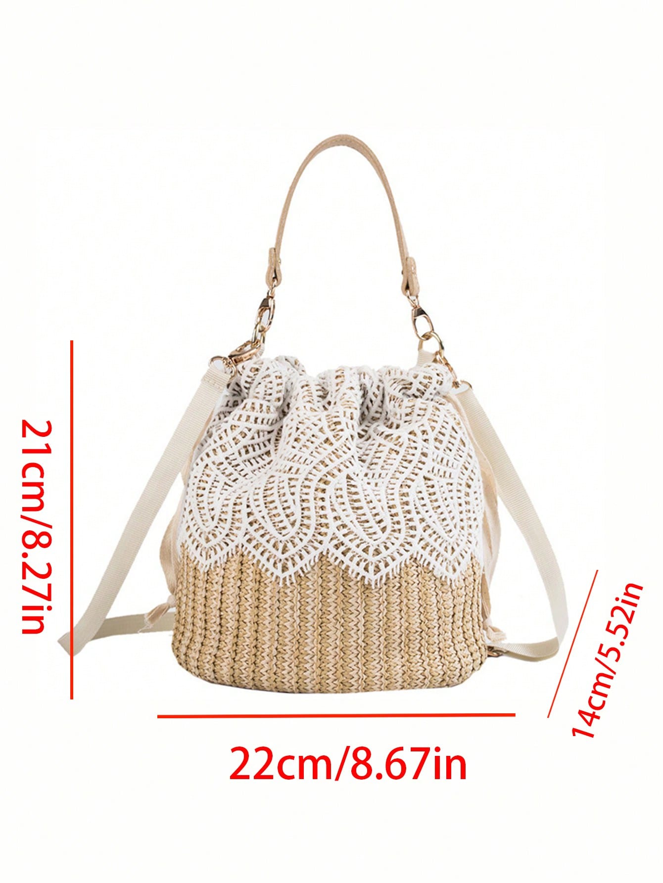 Gentle & Elegant Lace-Trimmed Straw Bucket Bag, Unique Design With Vacation Vibe