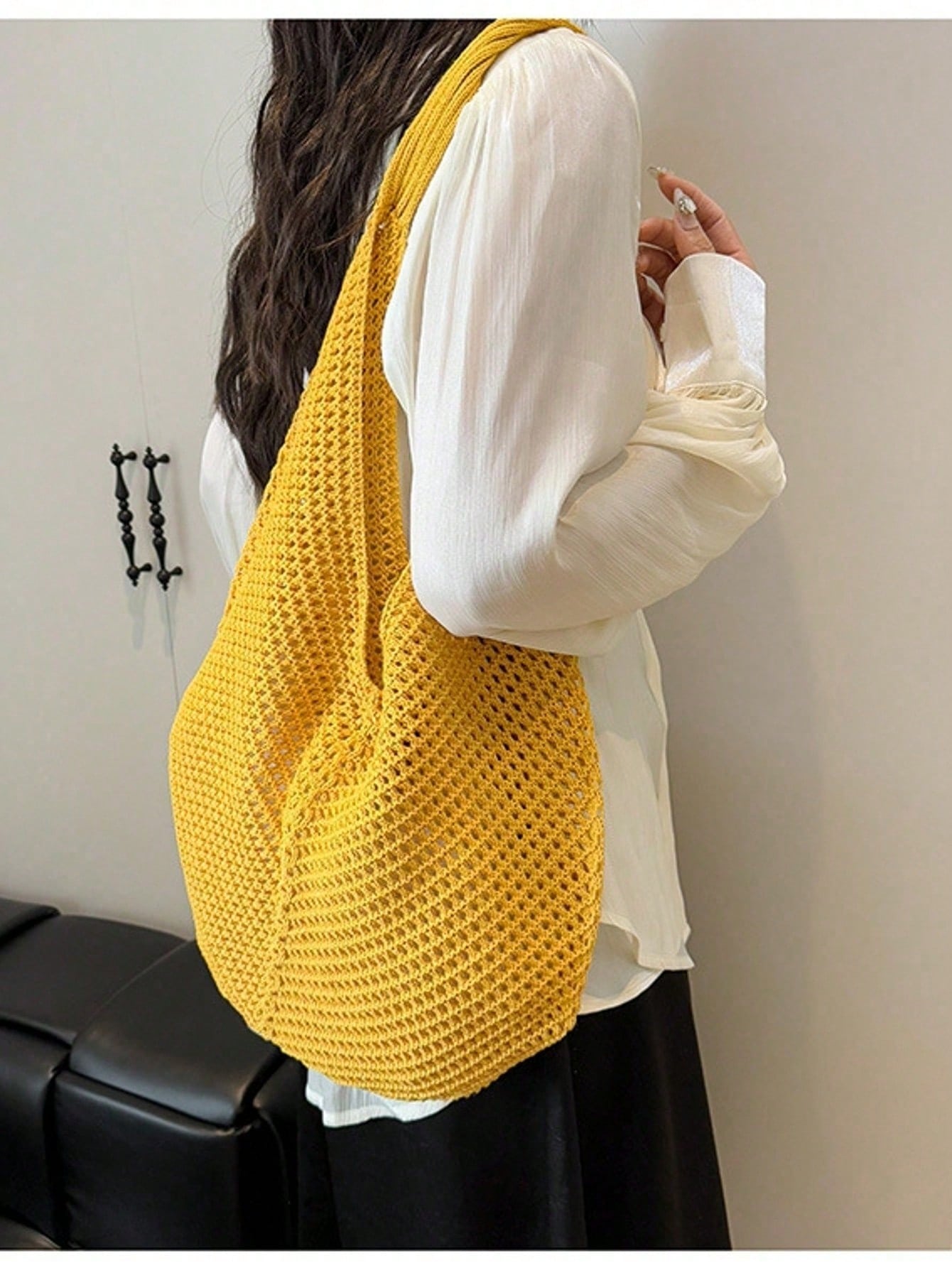 Large Capacity Crochet Shoulder Tote Bag - Lightweight, Multifunctional Knitted Handbag, Beige, Pink, Brown, Black, Suitable For Travel, Beach, Vacation And Daily Use, Large Tote Bag , Beach Bag , Crochet, Holiday, Yellow