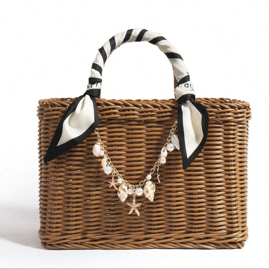 Summer New French Retro Handmade Vine Weaving Handbag Silk Scarf Handheld With Shell Sea Star Hanging Decoration Seaside Vacation Large Capacity Basket Package Daily Commuting Beach Leisure Party Travel