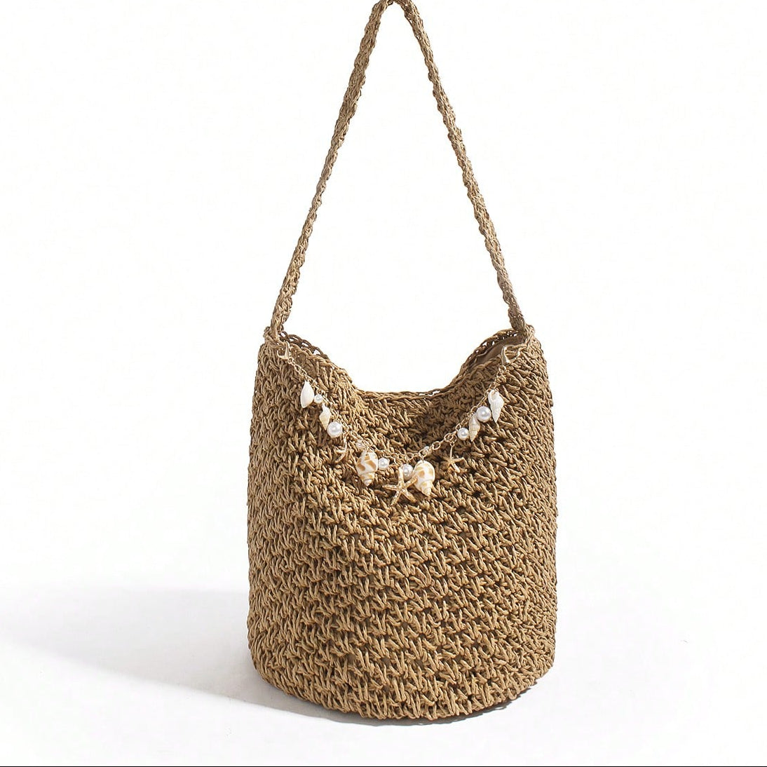 Original Handmade New Retro Woven Shoulder Bag, Summer Seaside Vacation Grass Woven Bag, Shell Starfish Hanging Decoration Bucket Bag, Large Capacity Commuting Handbag, Seaside Vacation Beach Bag, Daily Commuting Beach Leisure Party Travel