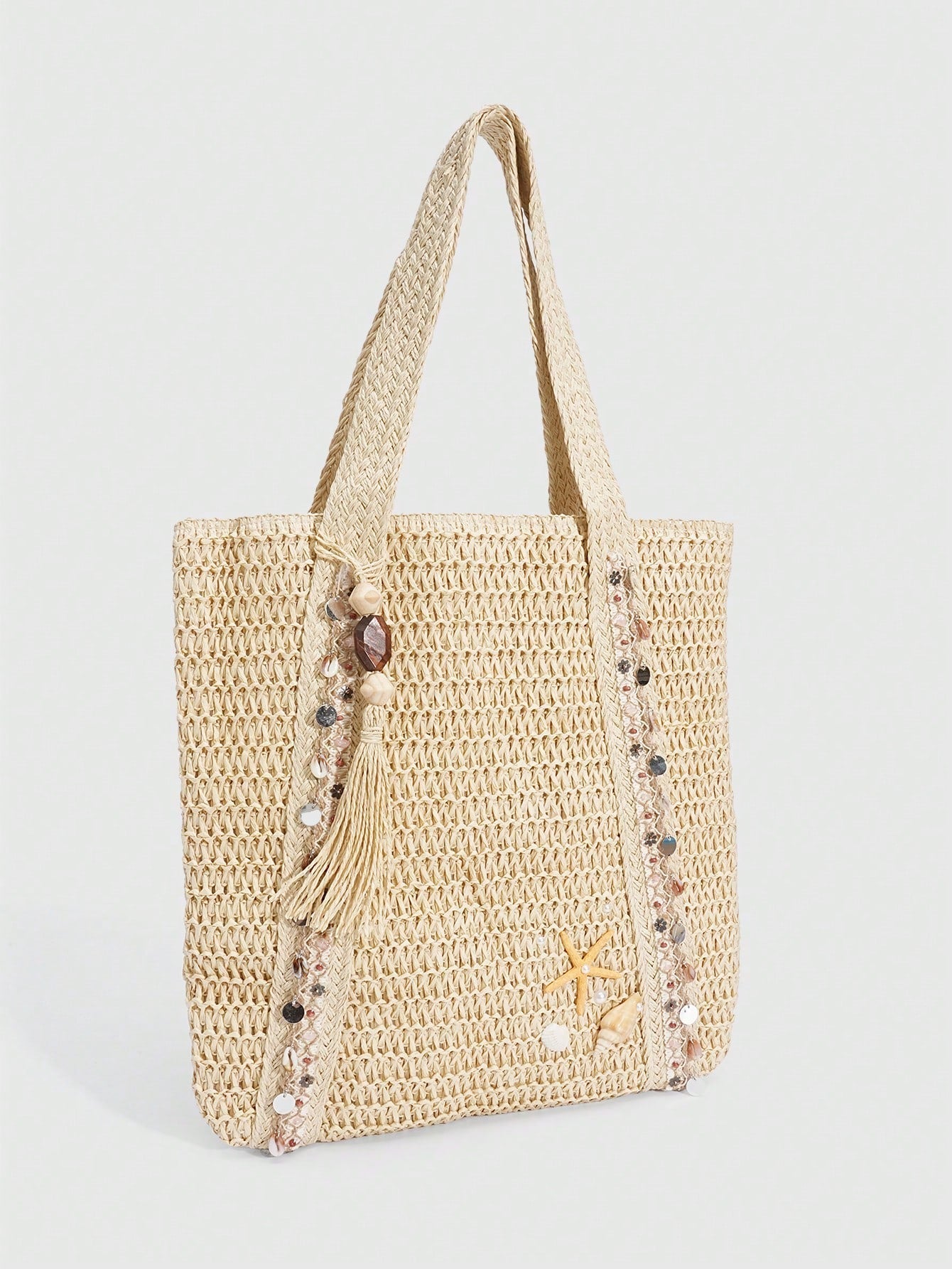 ROMWE Fairycore 1pc Vacation-Themed Shell, Seashell, Coral, Pearl Decor Women Tote Bag, Large Capacity Floral Straw Beach Bag For Spring/Summer