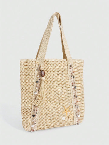 ROMWE Fairycore 1pc Vacation-Themed Shell, Seashell, Coral, Pearl Decor Women Tote Bag, Large Capacity Floral Straw Beach Bag For Spring/Summer