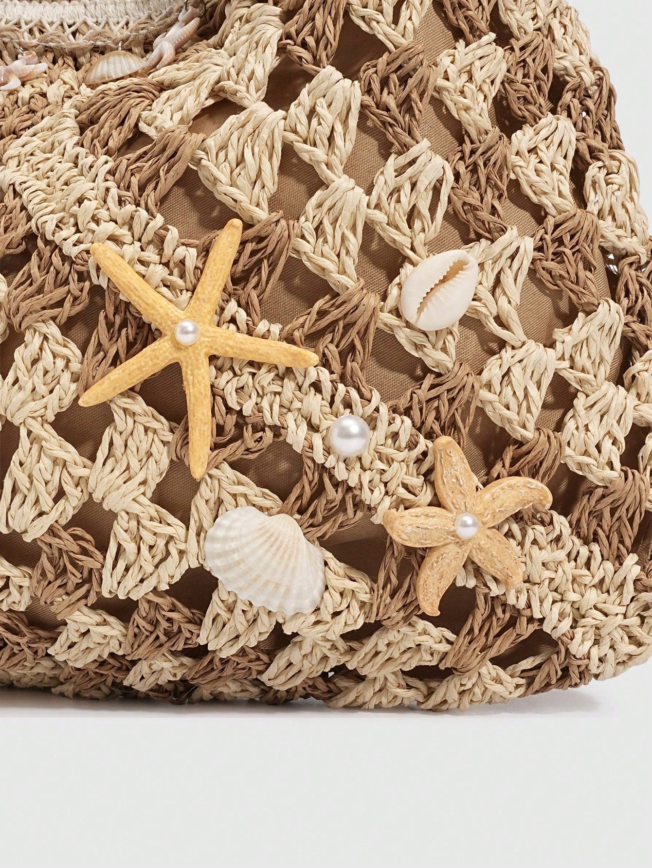ROMWE Fairycore 1 Pc Tropical Ocean Beach Vacation Style Woven Hollow Beige Women's Shoulder Crossbody Handbag, Large Capacity Travel Vacation Bag
