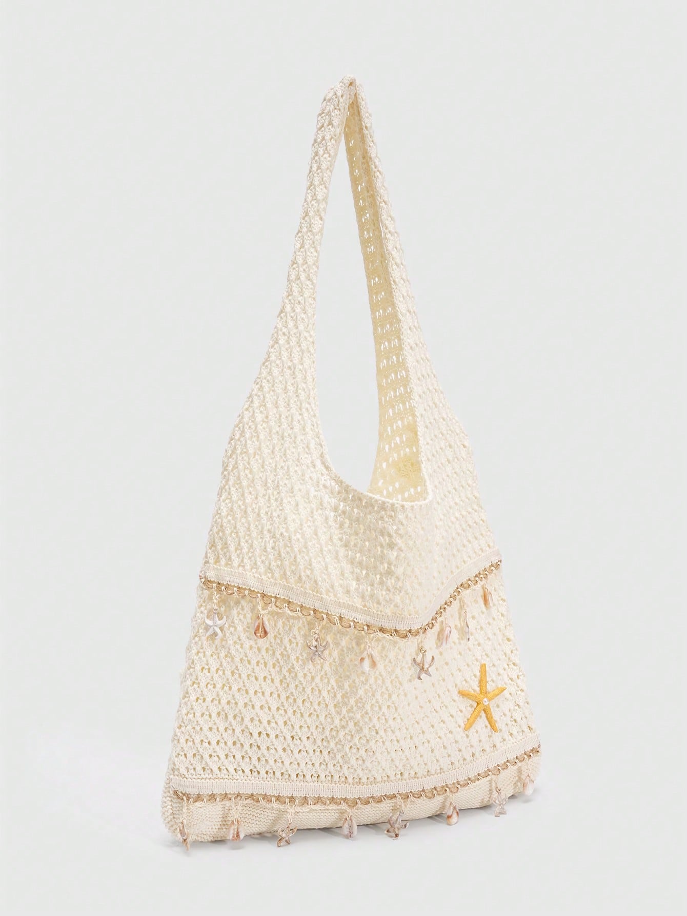 ROMWE Fairycore 1 Pc Tropical Ocean Beach Vacation Style Woven Hollow Beige Women's Shoulder Crossbody Handbag, Large Capacity Travel Vacation Bag