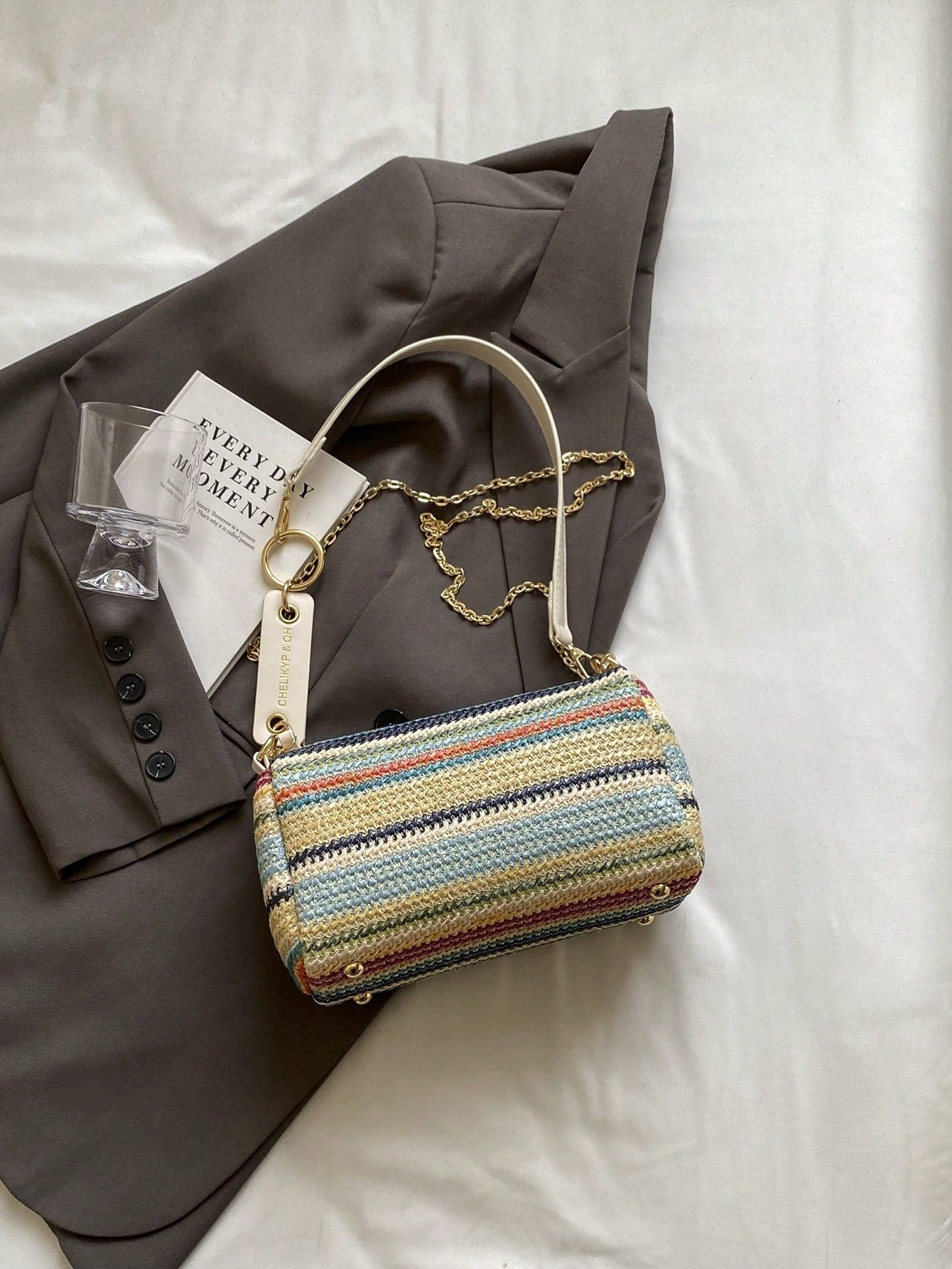 New Spring/Summer Contrast Striped Woven Straw Shoulder Bag, Fashion Letter Decor Women's