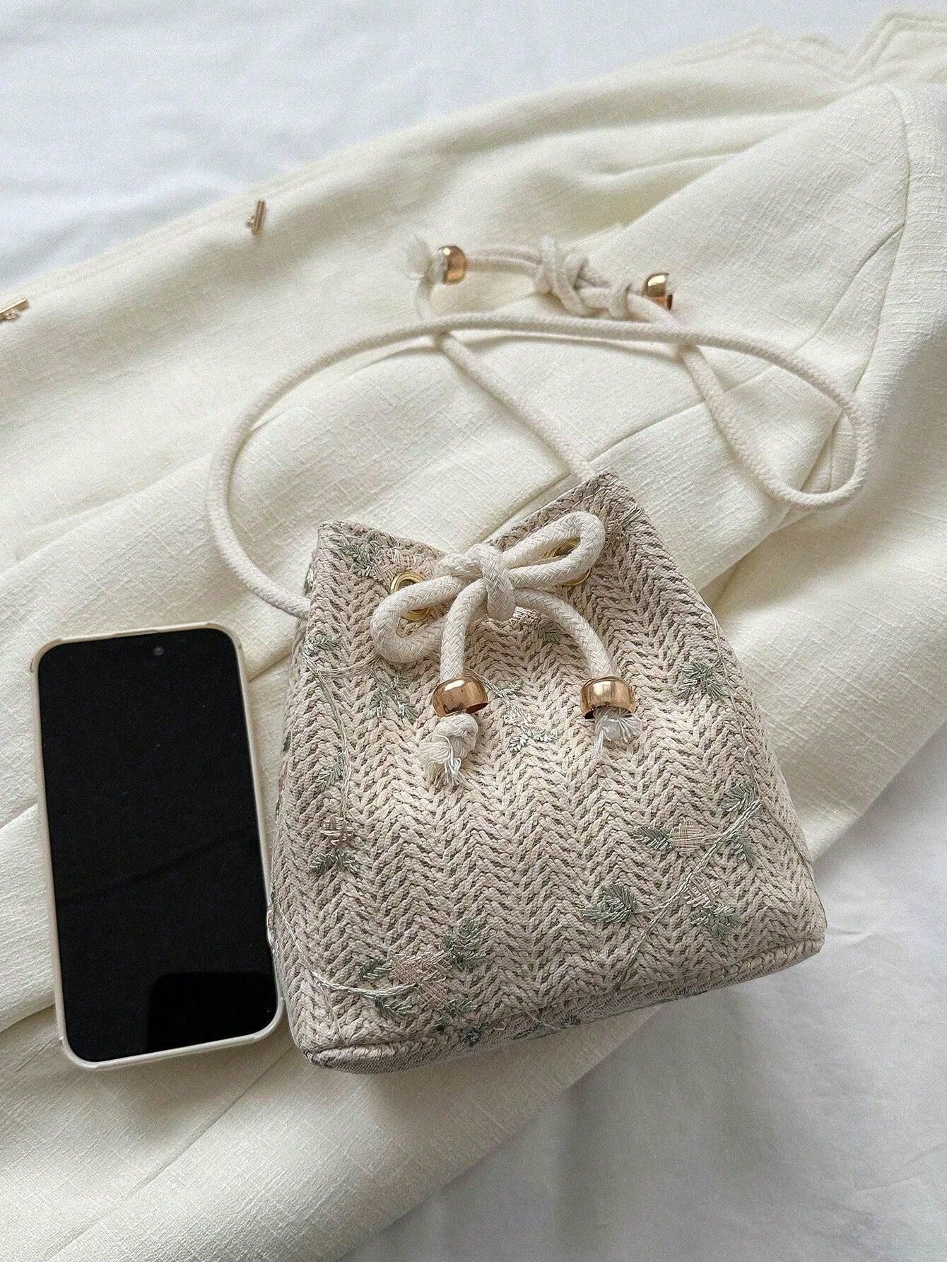 Tropiscape Mini Floral Embroidered Drawstring Detail Vacation, Straw Purse