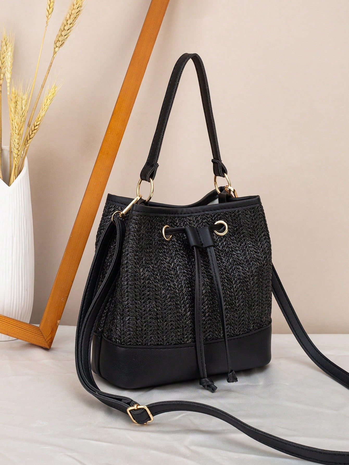 Drawstring Bucket Bag, Large Capacity Daily Versatile Bag, New Summer Beach Bag, Straw Crossbody Bag, Durable Women Handbag