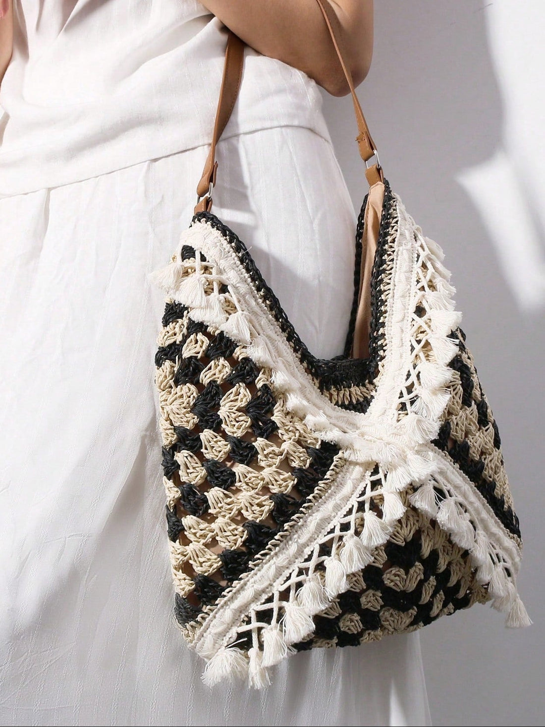 Handmade Straw Tote Bag, Woven Shoulder Bag, Bucket Bag For Weekend, Beach, Spring & Summer, Khaki Vintage Woven Vest, Casual, Affordable, Spacious, Tassel Handcraft Work Bag, Travel, Beach, School