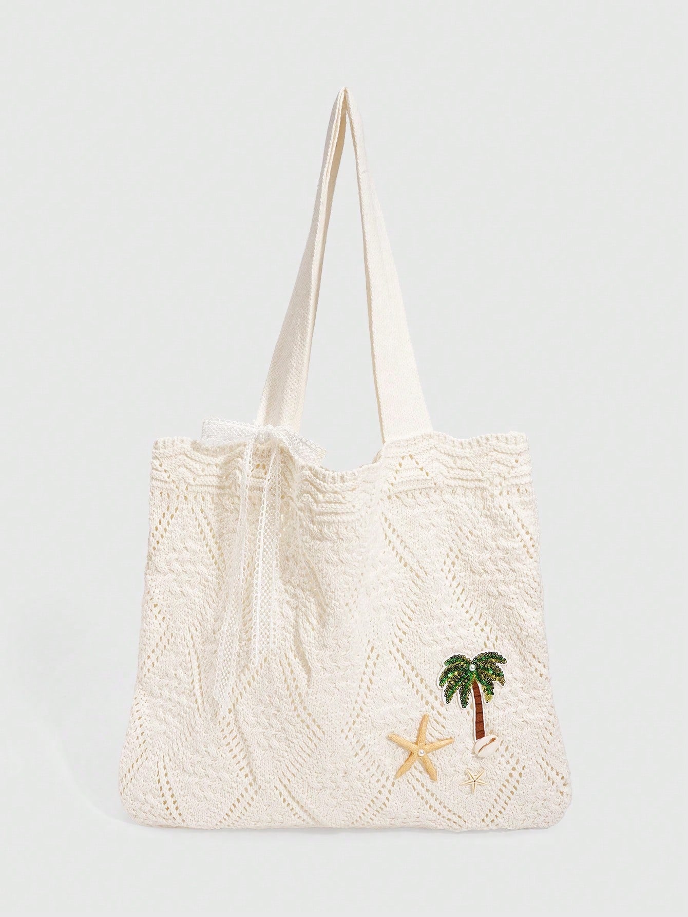 ROMWE Fairycore 1 Pc Tropical Ocean Beach Vacation Style Woven Hollow Beige Women's Shoulder Crossbody Handbag, Large Capacity Travel Vacation Bag