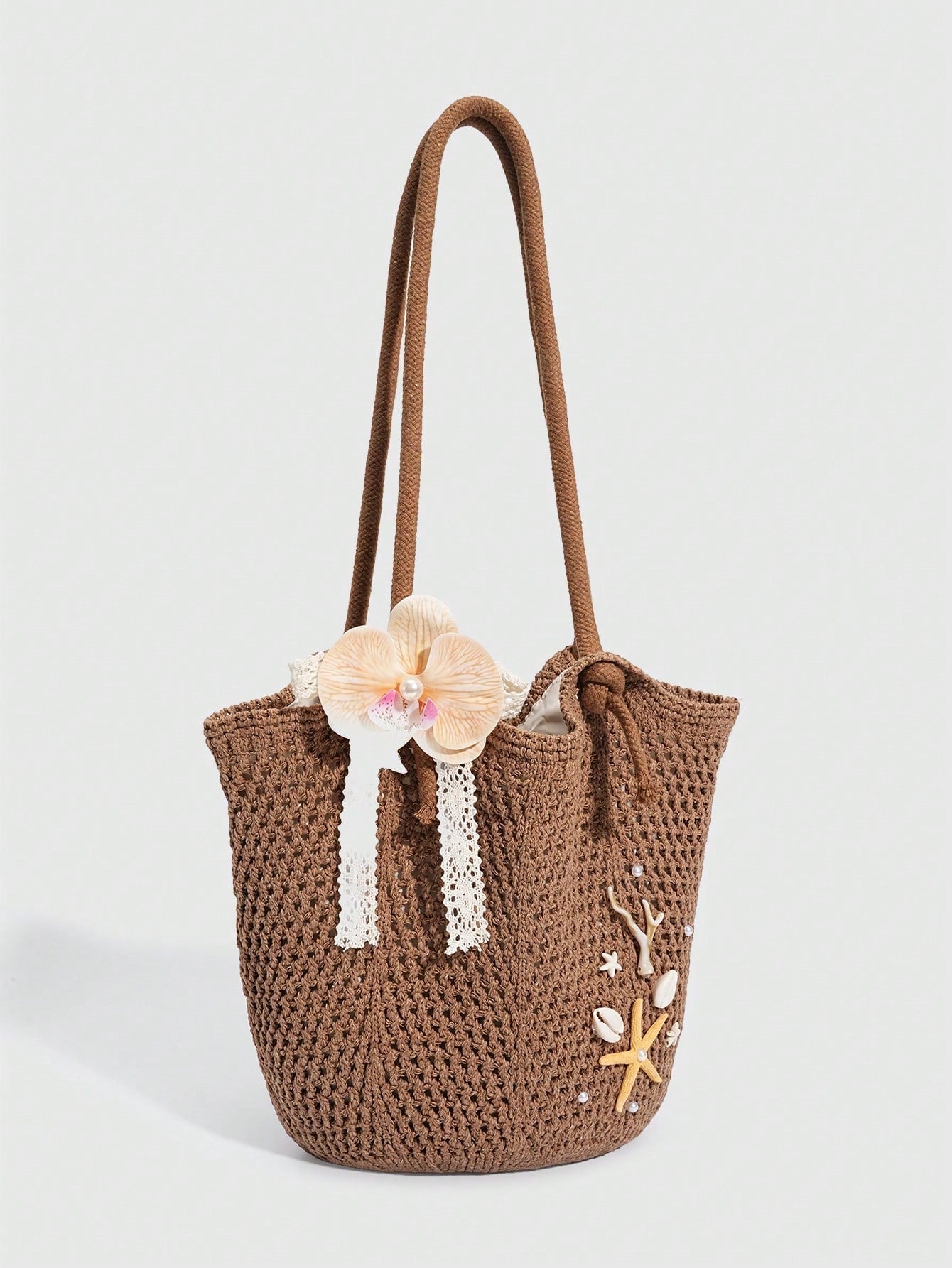 ROMWE Fairycore 1 Pc Tropical Ocean Beach Vacation Style Woven Hollow Beige Women's Shoulder Crossbody Handbag, Large Capacity Travel Vacation Bag