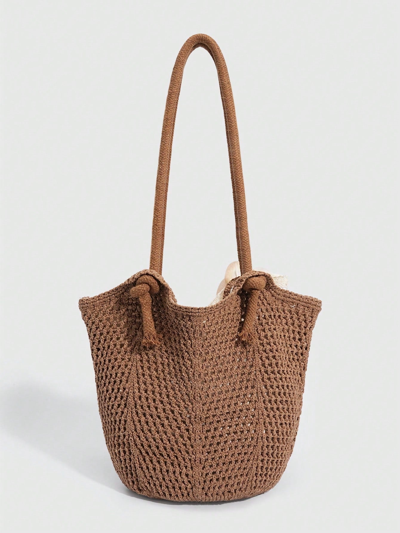 ROMWE Fairycore 1 Pc Tropical Ocean Beach Vacation Style Woven Hollow Beige Women's Shoulder Crossbody Handbag, Large Capacity Travel Vacation Bag