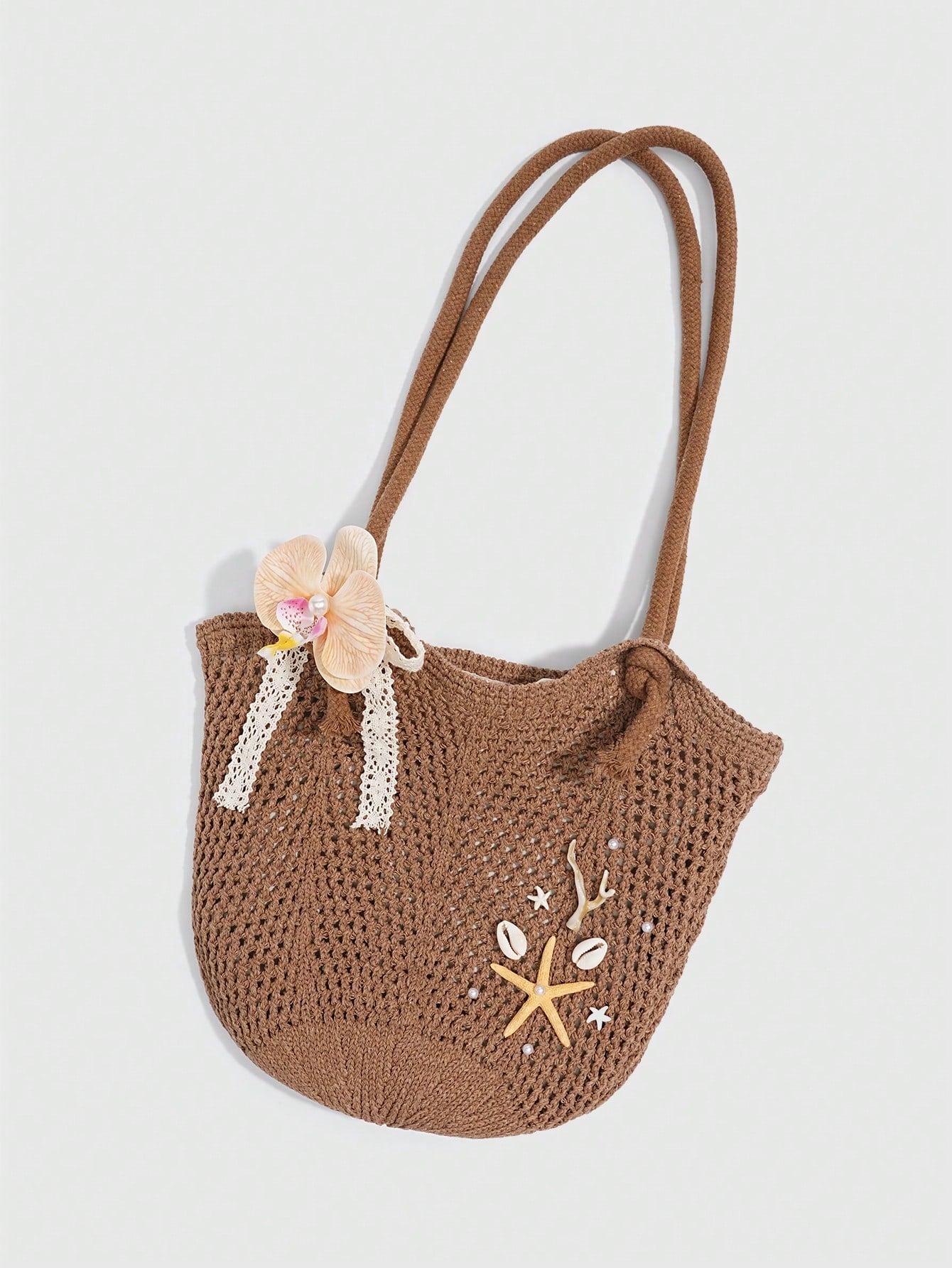ROMWE Fairycore 1 Pc Tropical Ocean Beach Vacation Style Woven Hollow Beige Women's Shoulder Crossbody Handbag, Large Capacity Travel Vacation Bag