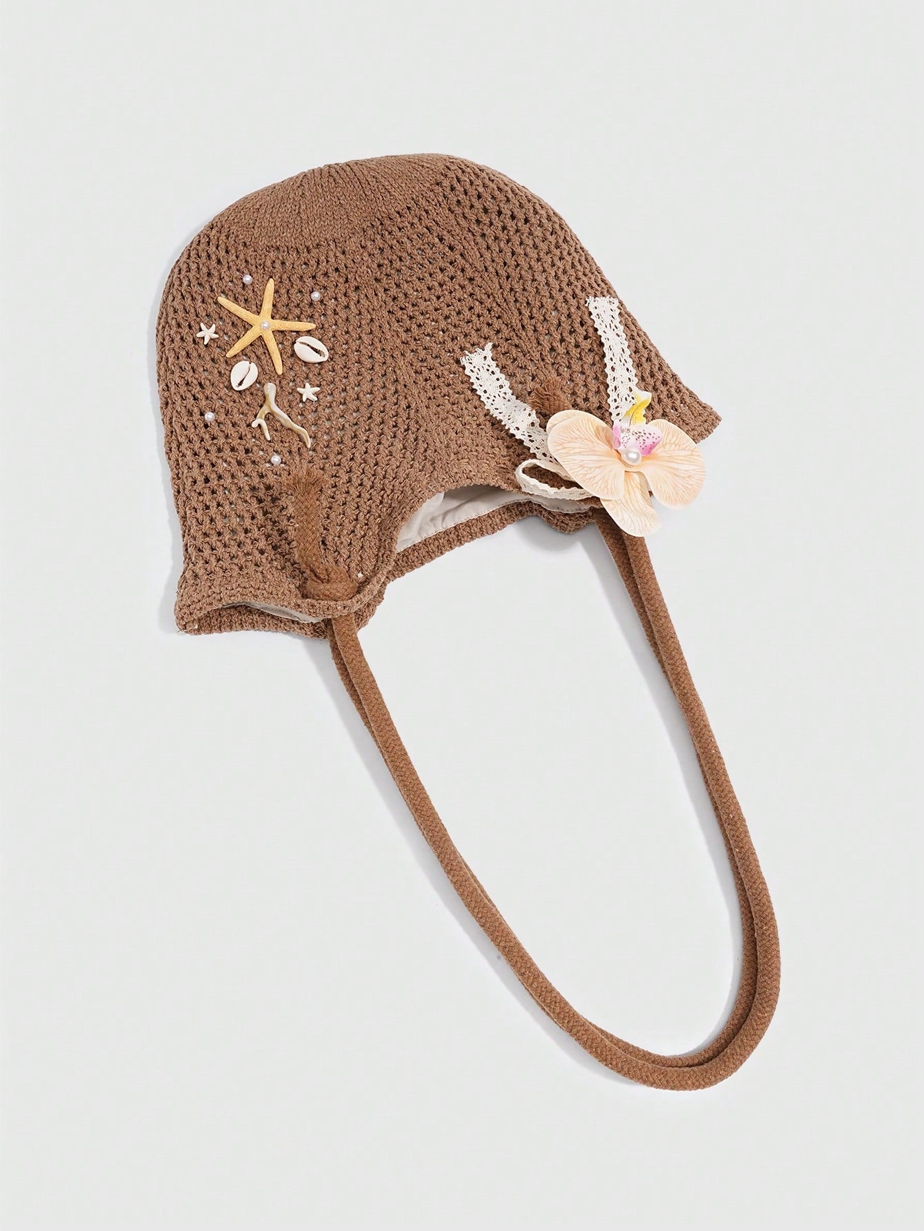 ROMWE Fairycore 1 Pc Tropical Ocean Beach Vacation Style Woven Hollow Beige Women's Shoulder Crossbody Handbag, Large Capacity Travel Vacation Bag