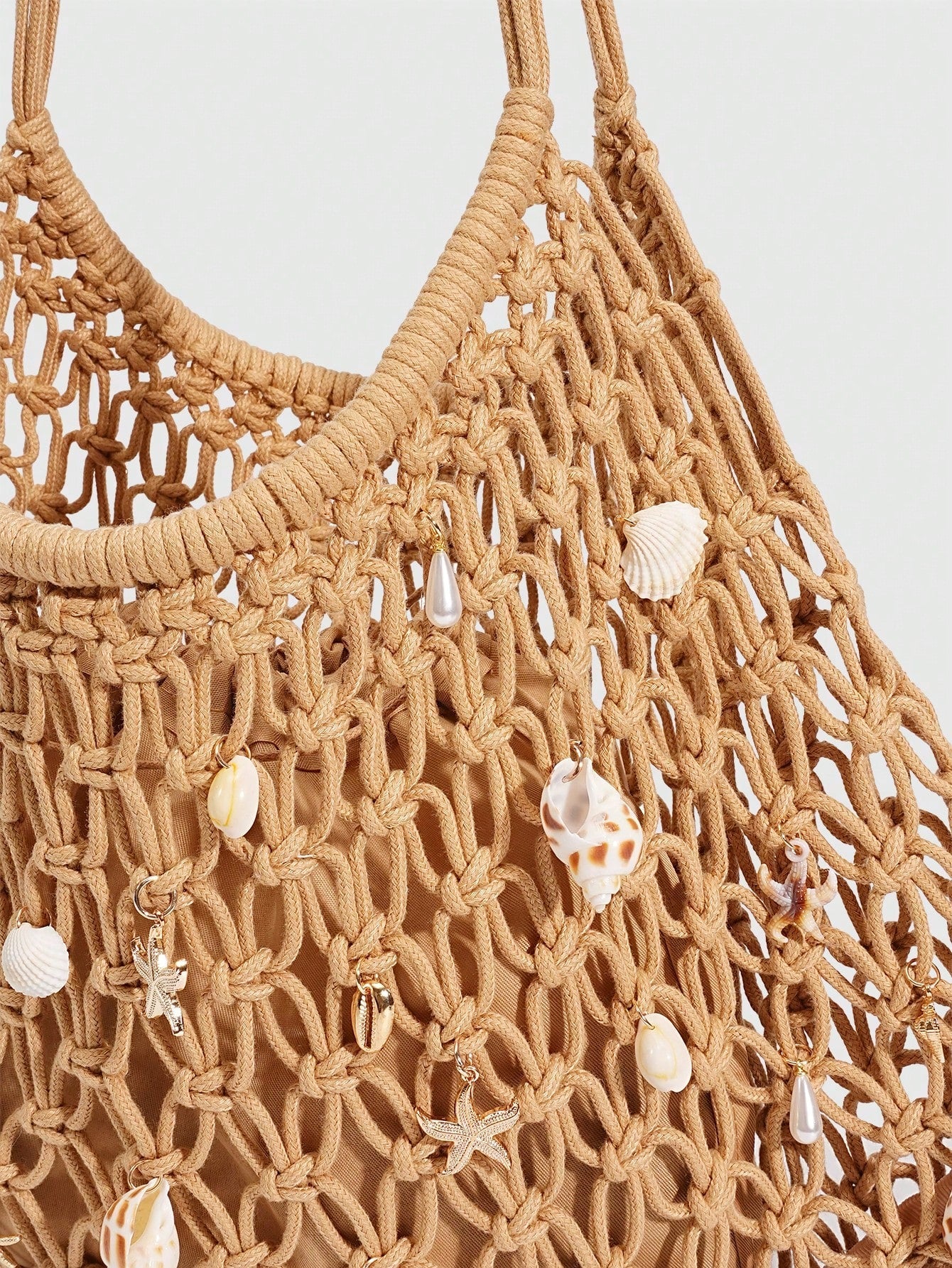 ROMWE Fairycore 1 Pc Tropical Ocean Beach Vacation Style Woven Hollow Beige Women's Shoulder Crossbody Handbag, Large Capacity Travel Vacation Bag