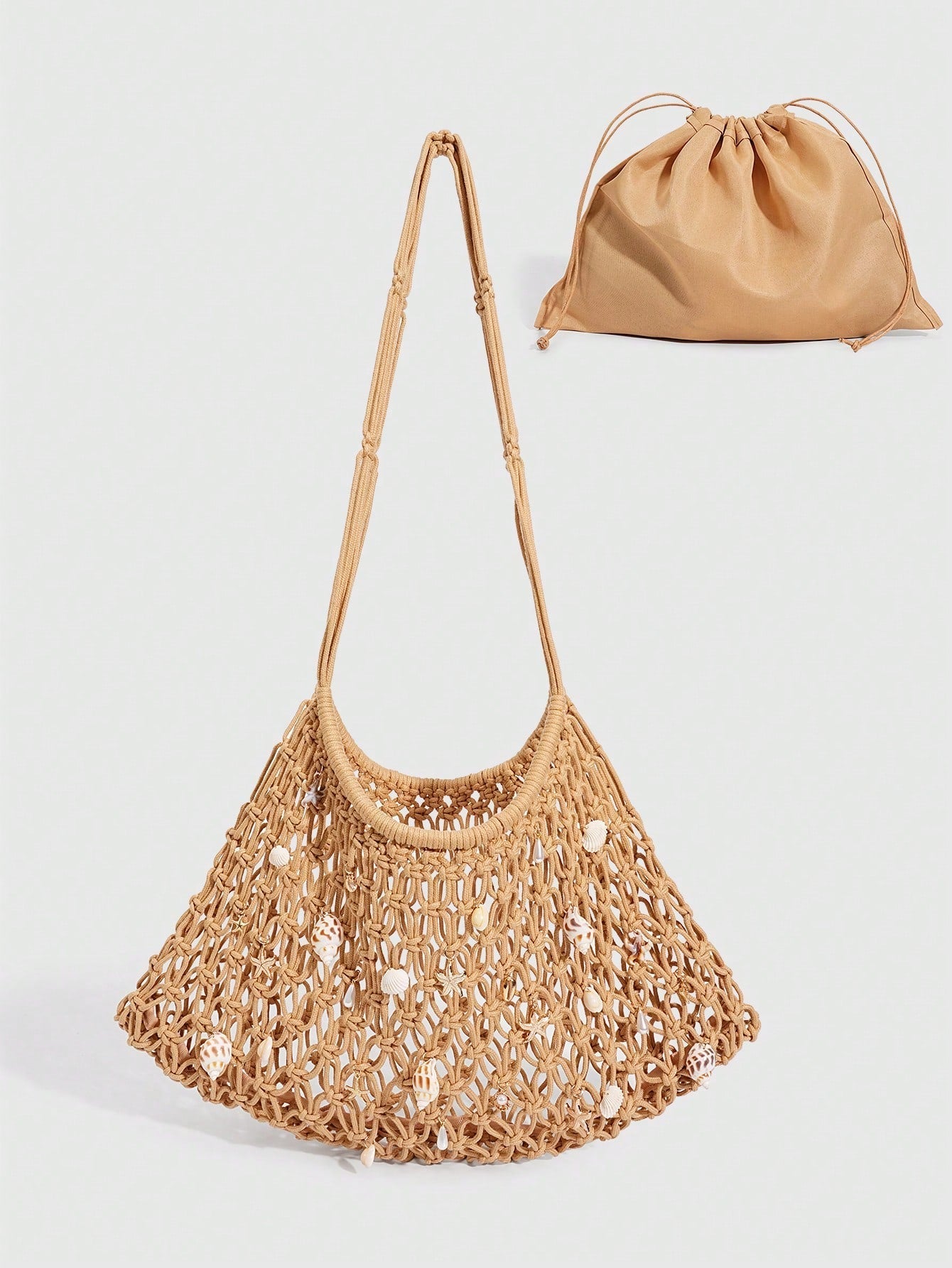 ROMWE Fairycore 1 Pc Tropical Ocean Beach Vacation Style Woven Hollow Beige Women's Shoulder Crossbody Handbag, Large Capacity Travel Vacation Bag