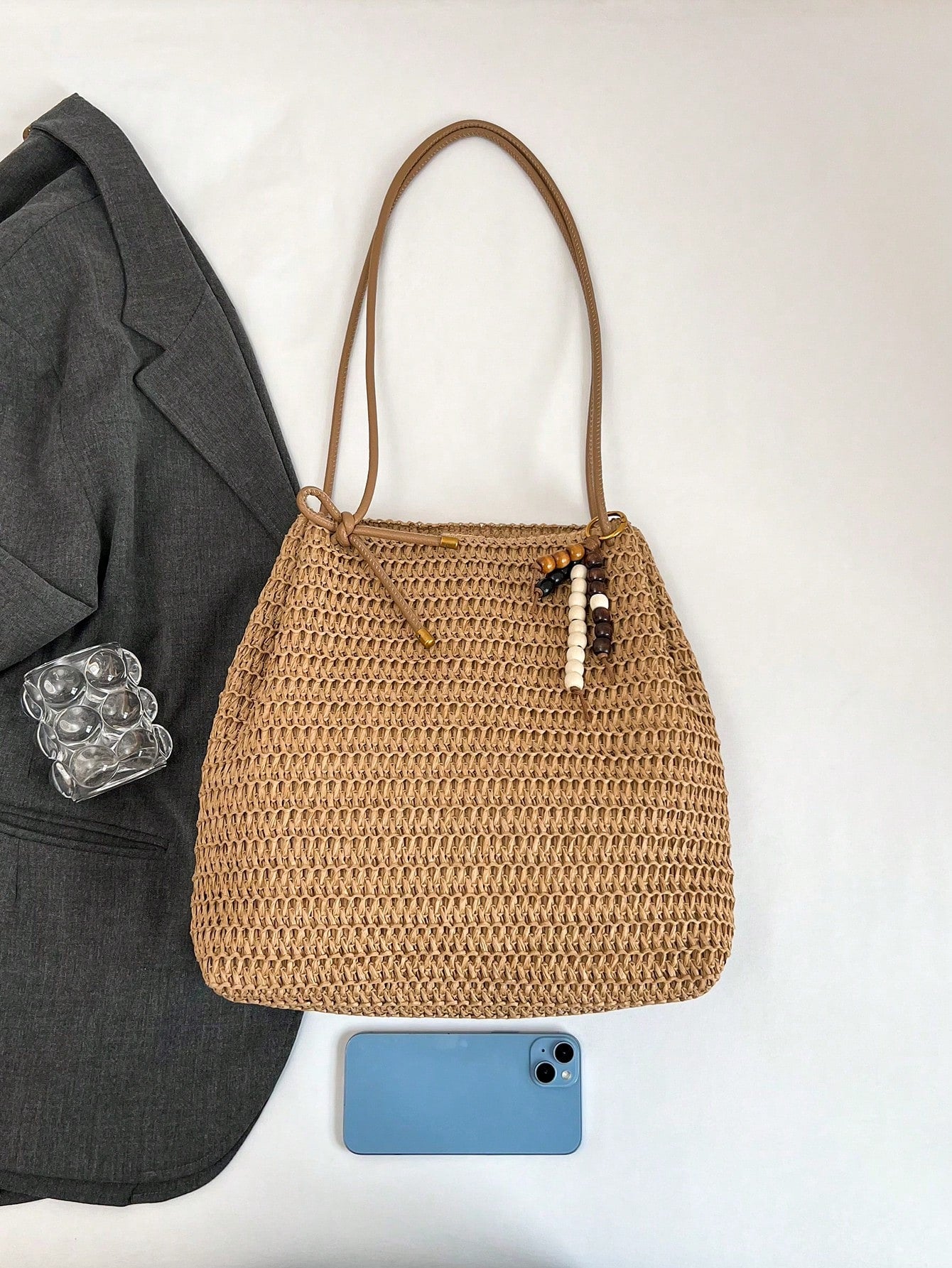 Handwoven Casual Backpack With Pendant, Solid Color Straw Shoulder Strap, Large Capacity Straw Bag, Versatile Shoulder/Tote Bag, 2026 New Women Handbag