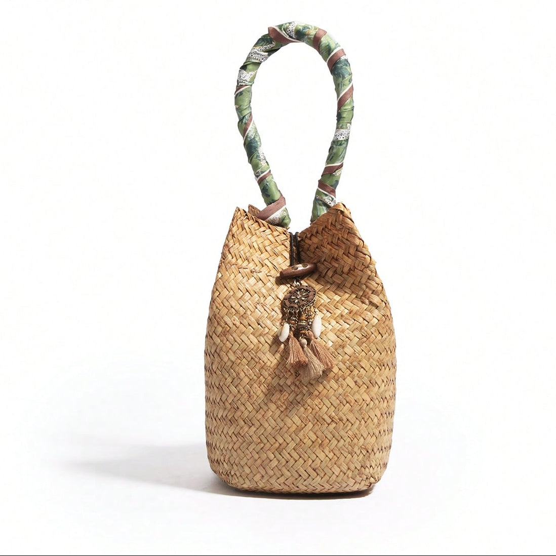 Bohemian Vacation Style Su Pure Handmade Woven Straw Woven Bucket Bag Handbag French Retro Woven Bag Versatile Daily Commuting Fashion Business Leisure Tourism Beach Wedding, Outing, Vacation, Beach (Pure Natural Straw Woven Color Has Slight Differences)