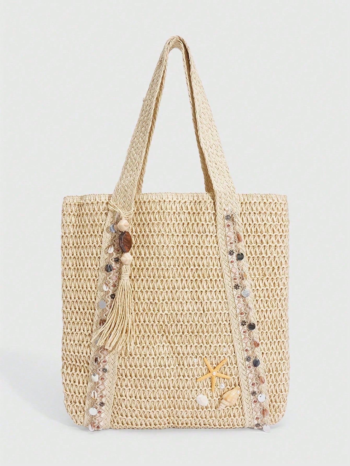 ROMWE Fairycore 1pc Vacation-Themed Shell, Seashell, Coral, Pearl Decor Women Tote Bag, Large Capacity Floral Straw Beach Bag For Spring/Summer